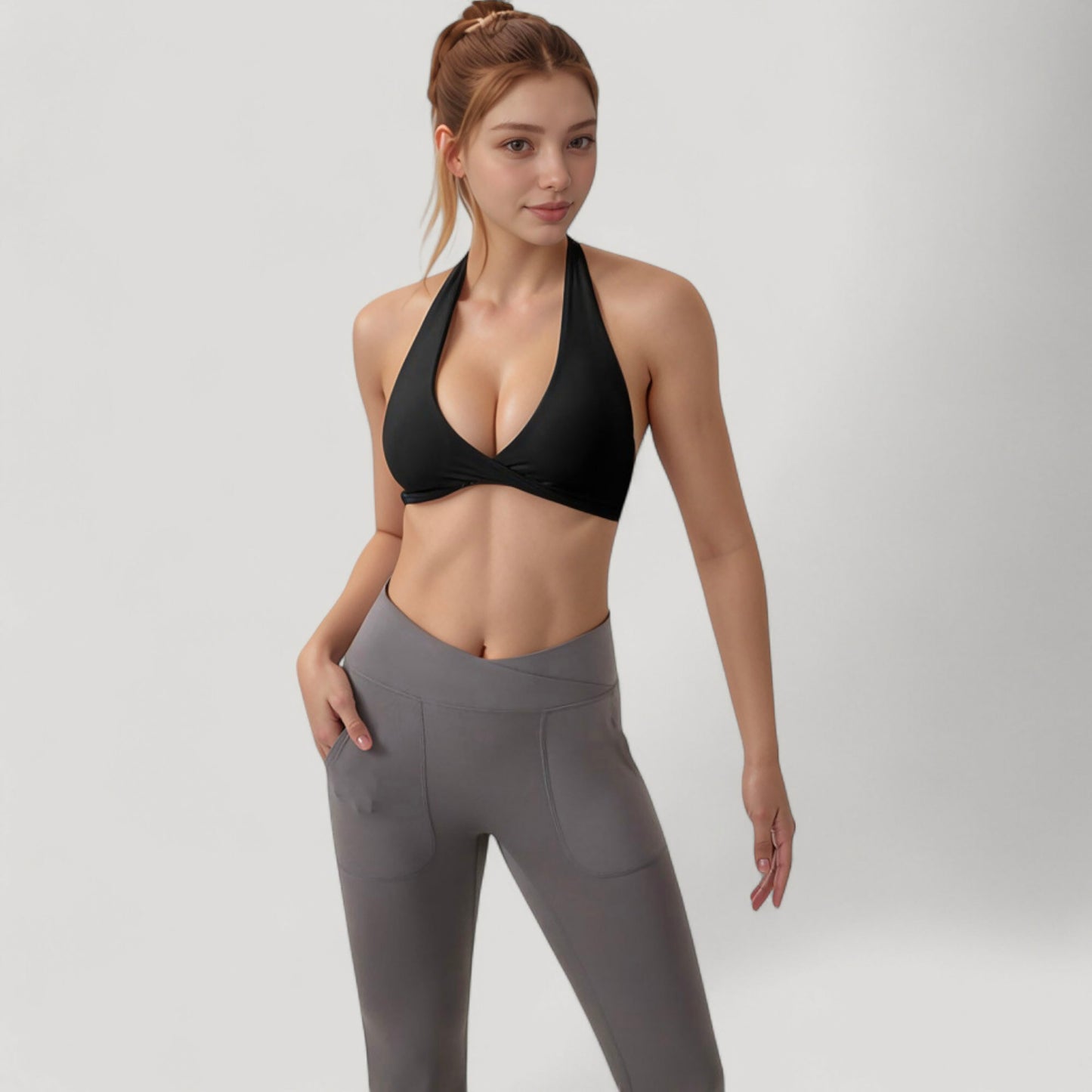 Anna-Kaci Active Women's Halter Neck Sports Bra with Ruched Front Detail Low Impact Stretch Fabric Removable Padding