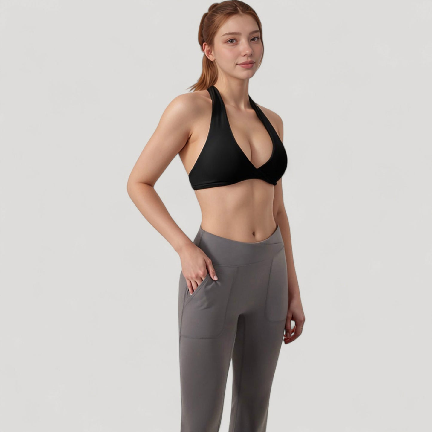 Anna-Kaci Active Women's Halter Neck Sports Bra with Ruched Front Detail Low Impact Stretch Fabric Removable Padding