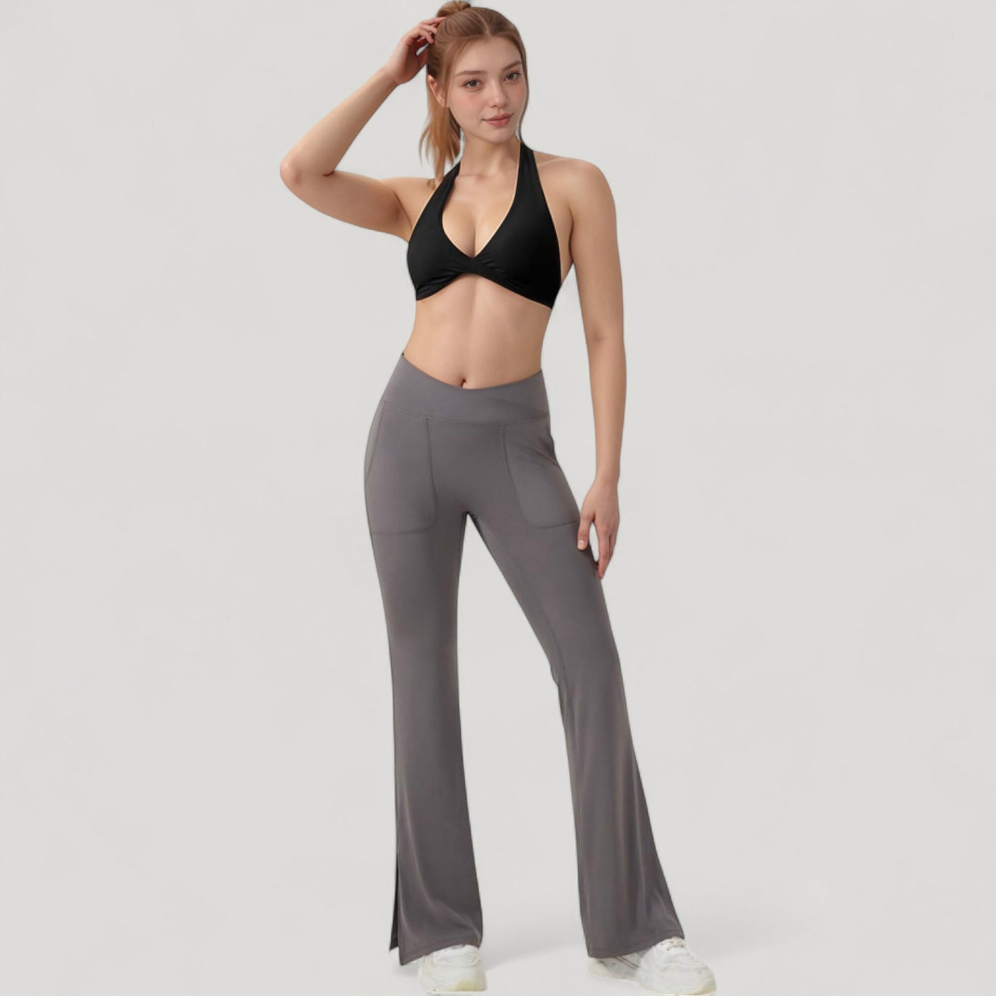 Anna-Kaci Active Women's Halter Neck Sports Bra with Ruched Front Detail Low Impact Stretch Fabric Removable Padding