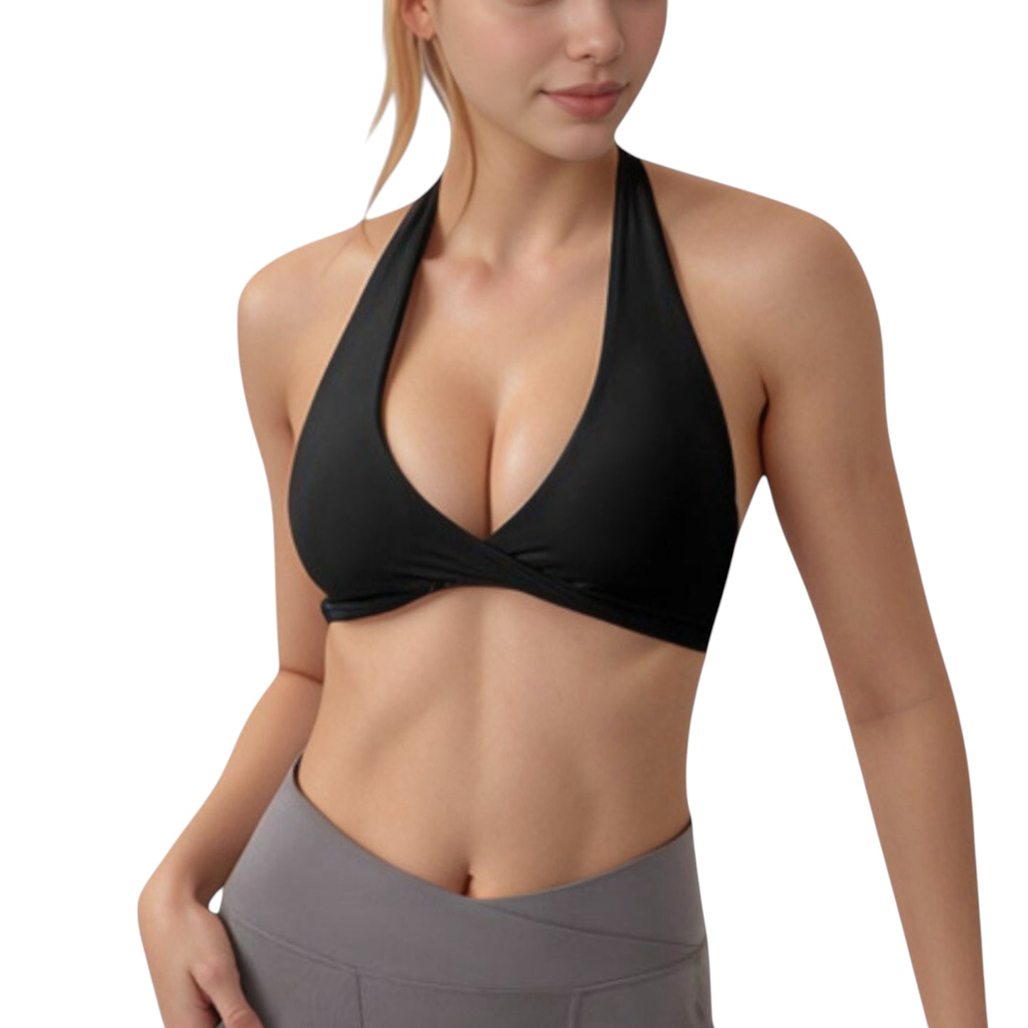 Anna-Kaci Active Women's Halter Neck Sports Bra with Ruched Front Detail Low Impact Stretch Fabric Removable Padding