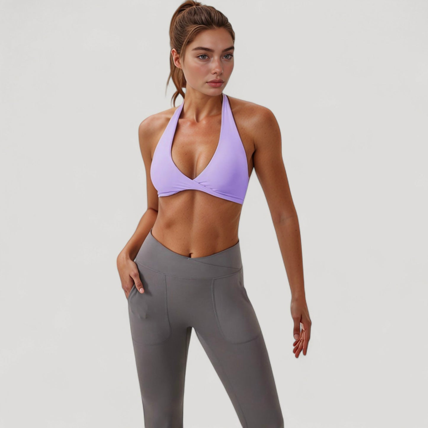 Anna-Kaci Active Women's Halter Neck Sports Bra with Ruched Front Detail Low Impact Stretch Fabric Removable Padding