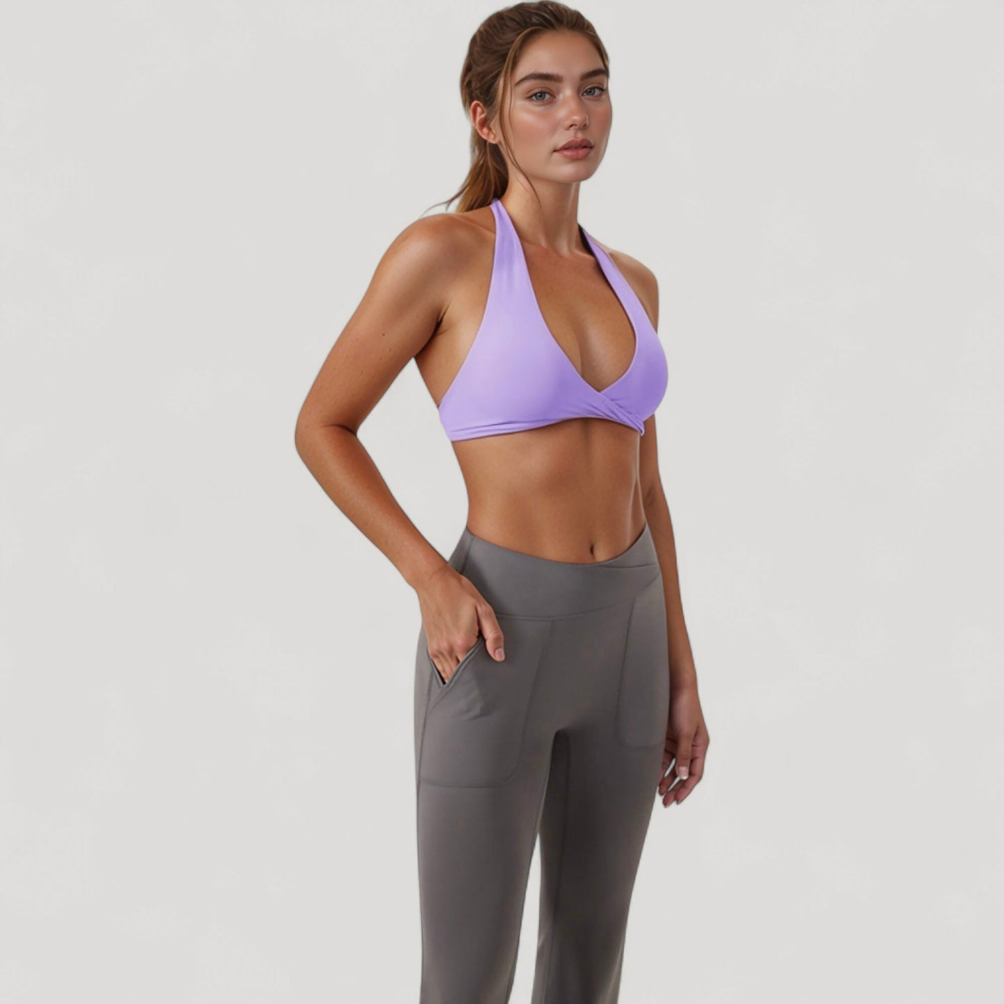 Anna-Kaci Active Women's Halter Neck Sports Bra with Ruched Front Detail Low Impact Stretch Fabric Removable Padding