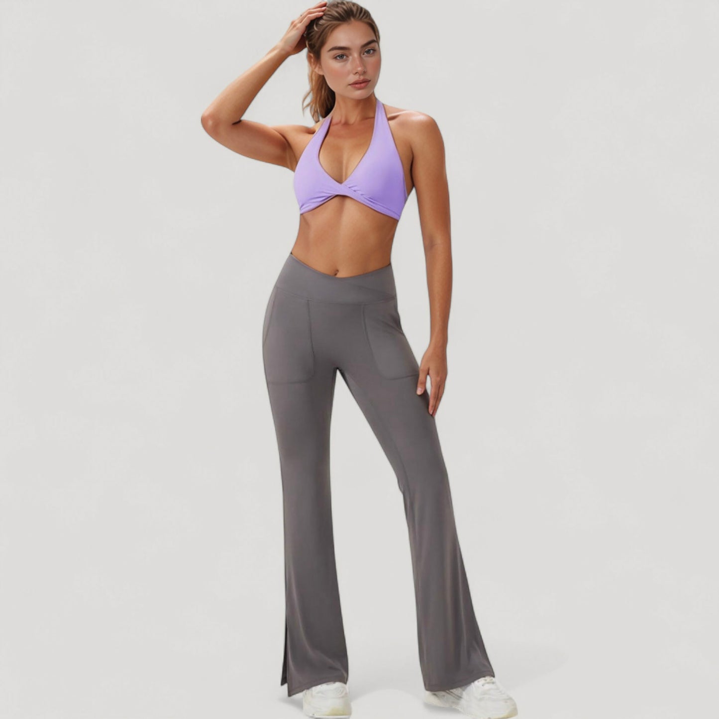 Anna-Kaci Active Women's Halter Neck Sports Bra with Ruched Front Detail Low Impact Stretch Fabric Removable Padding