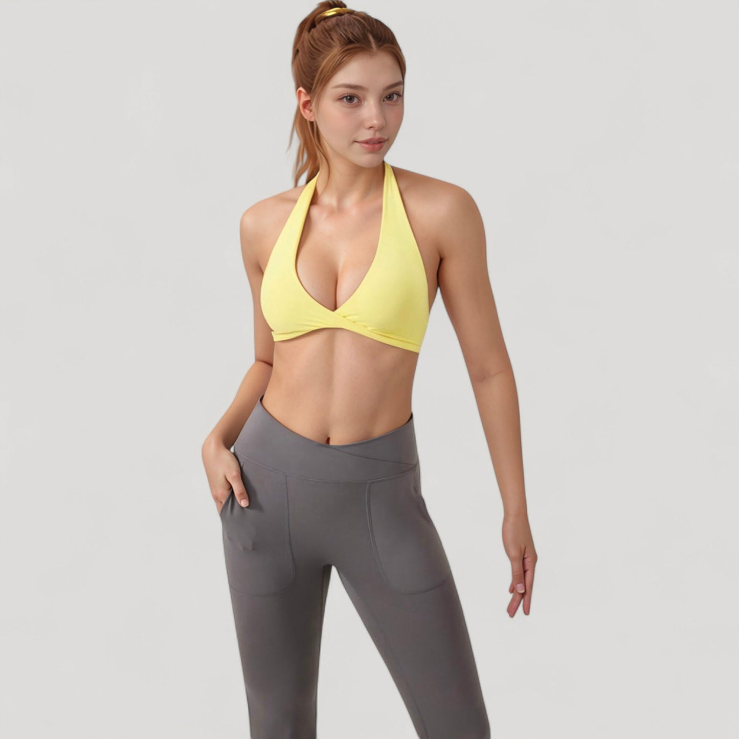 Anna-Kaci Active Women's Halter Neck Sports Bra with Ruched Front Detail Low Impact Stretch Fabric Removable Padding