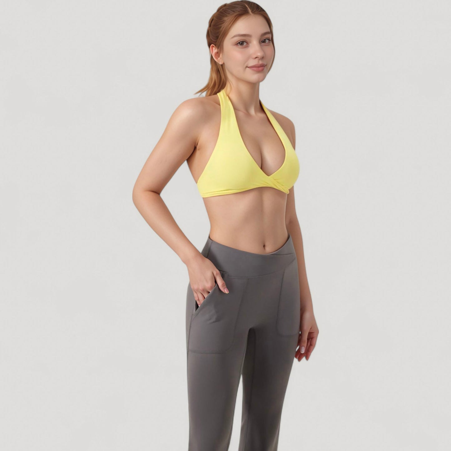 Anna-Kaci Active Women's Halter Neck Sports Bra with Ruched Front Detail Low Impact Stretch Fabric Removable Padding