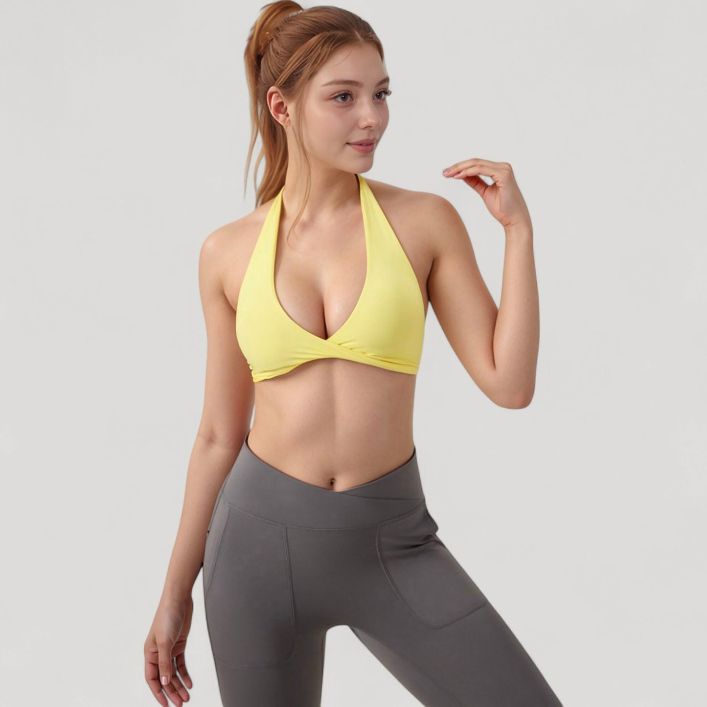 Anna-Kaci Active Women's Halter Neck Sports Bra with Ruched Front Detail Low Impact Stretch Fabric Removable Padding