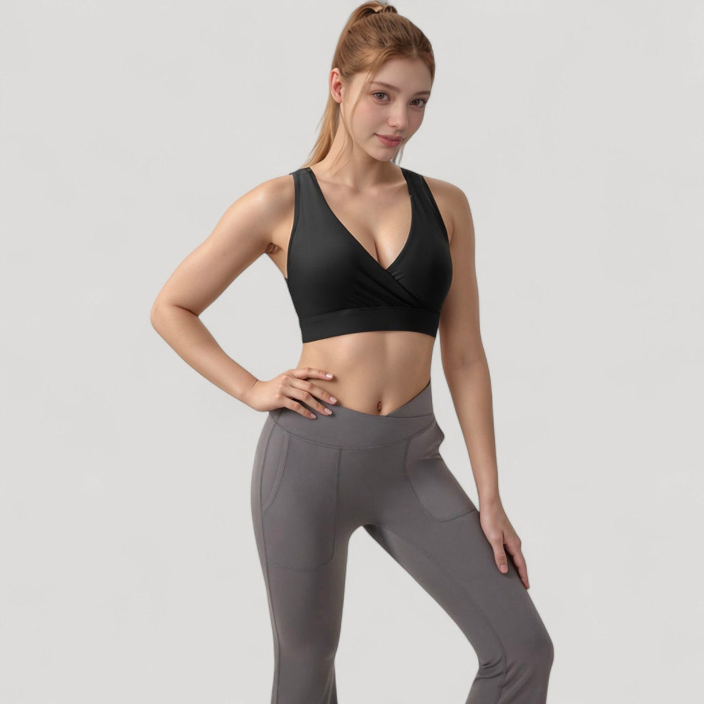 Anna-Kaci Active Women's Crossover V-Neck Sports Bra with Wide Straps and Stretch Support Band