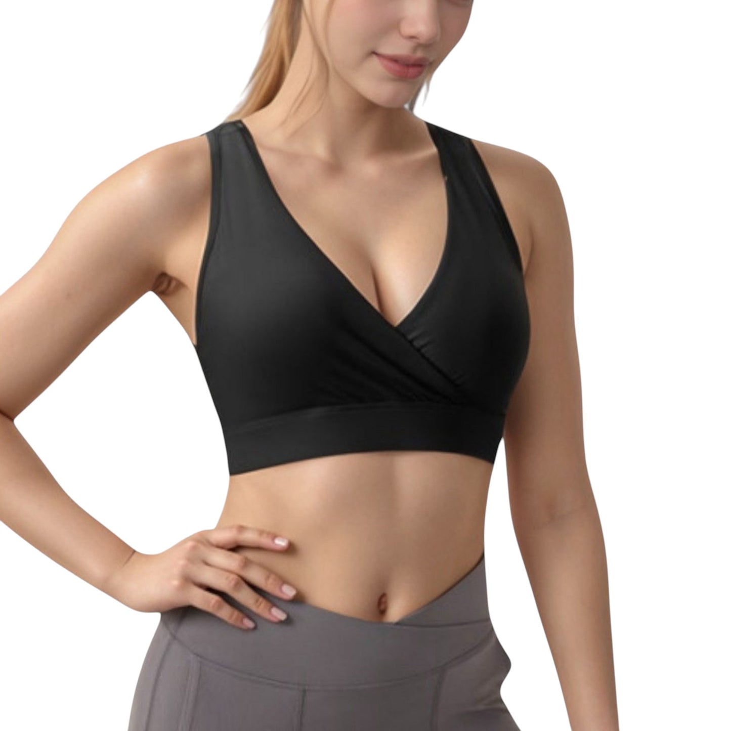 Anna-Kaci Active Women's Crossover V-Neck Sports Bra with Wide Straps and Stretch Support Band