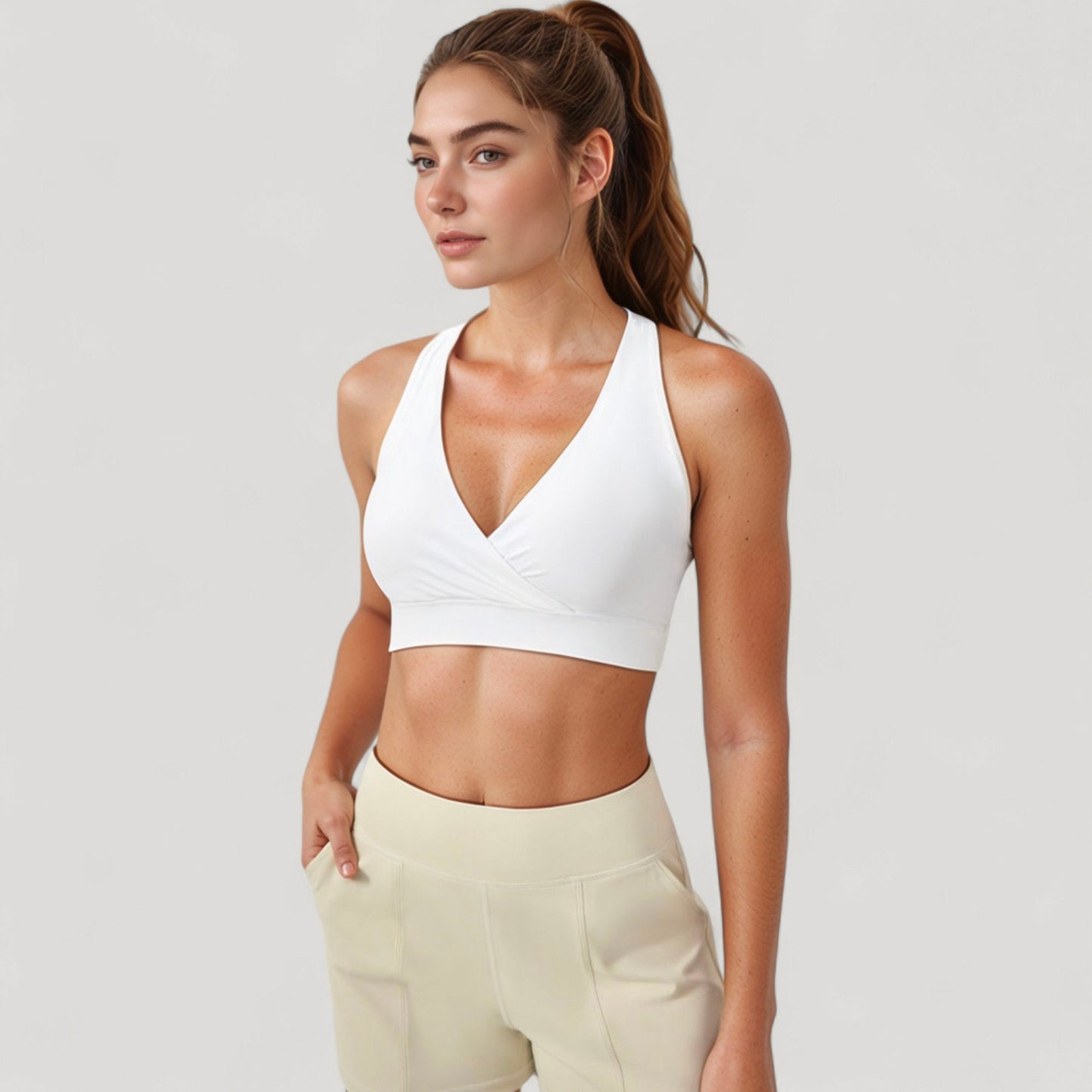 Anna-Kaci Active Women's Crossover V-Neck Sports Bra with Wide Straps and Stretch Support Band