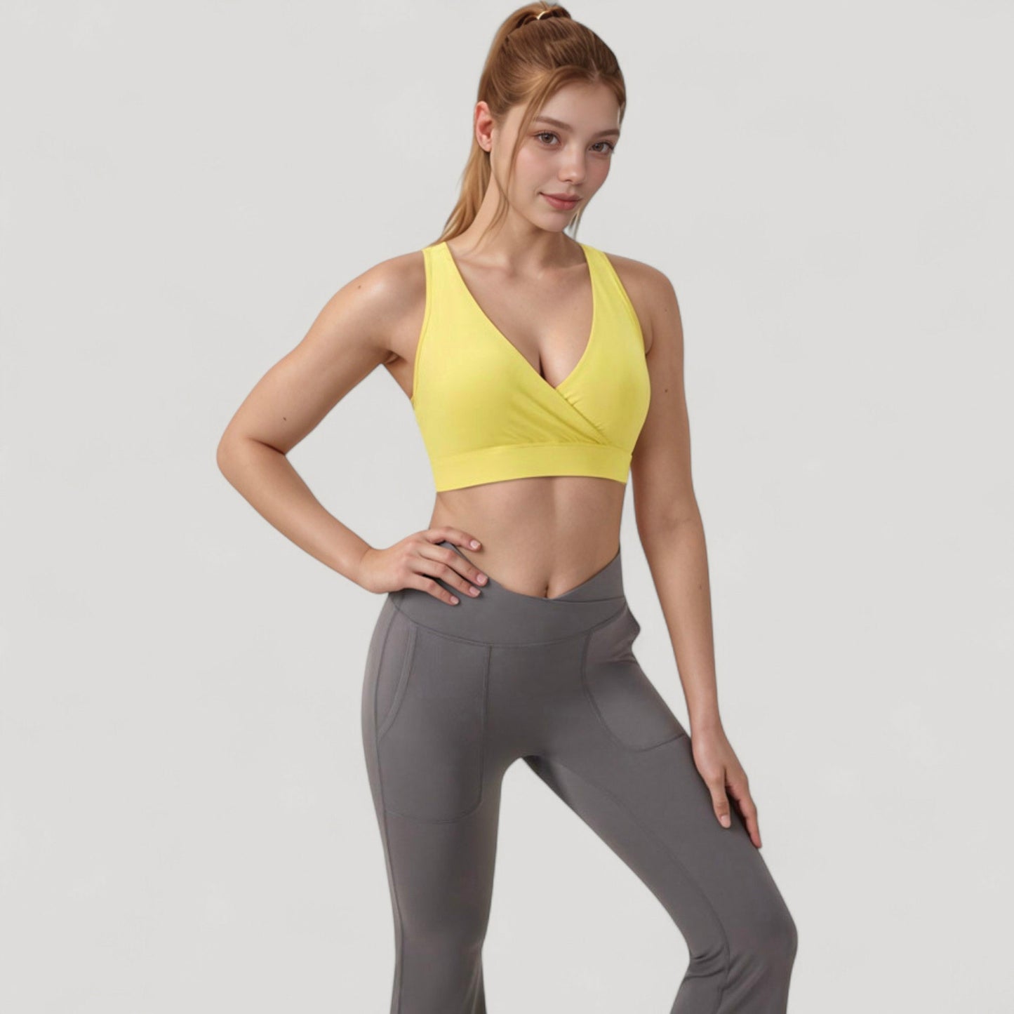 Anna-Kaci Active Women's Crossover V-Neck Sports Bra with Wide Straps and Stretch Support Band