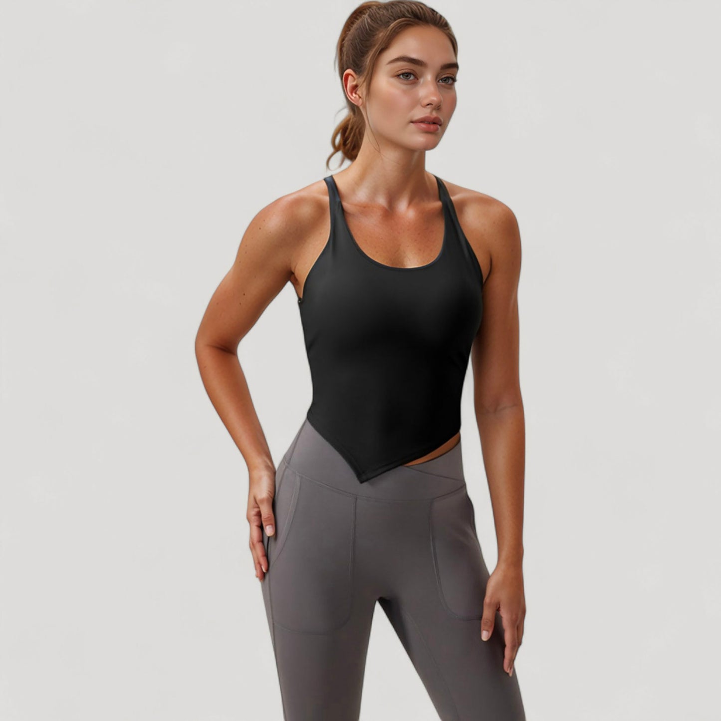 Anna-Kaci Active Women's Scoop Neck Racerback Tank Top with Handkerchief Hem and Built-In Shelf Bra for Low Impact Activity