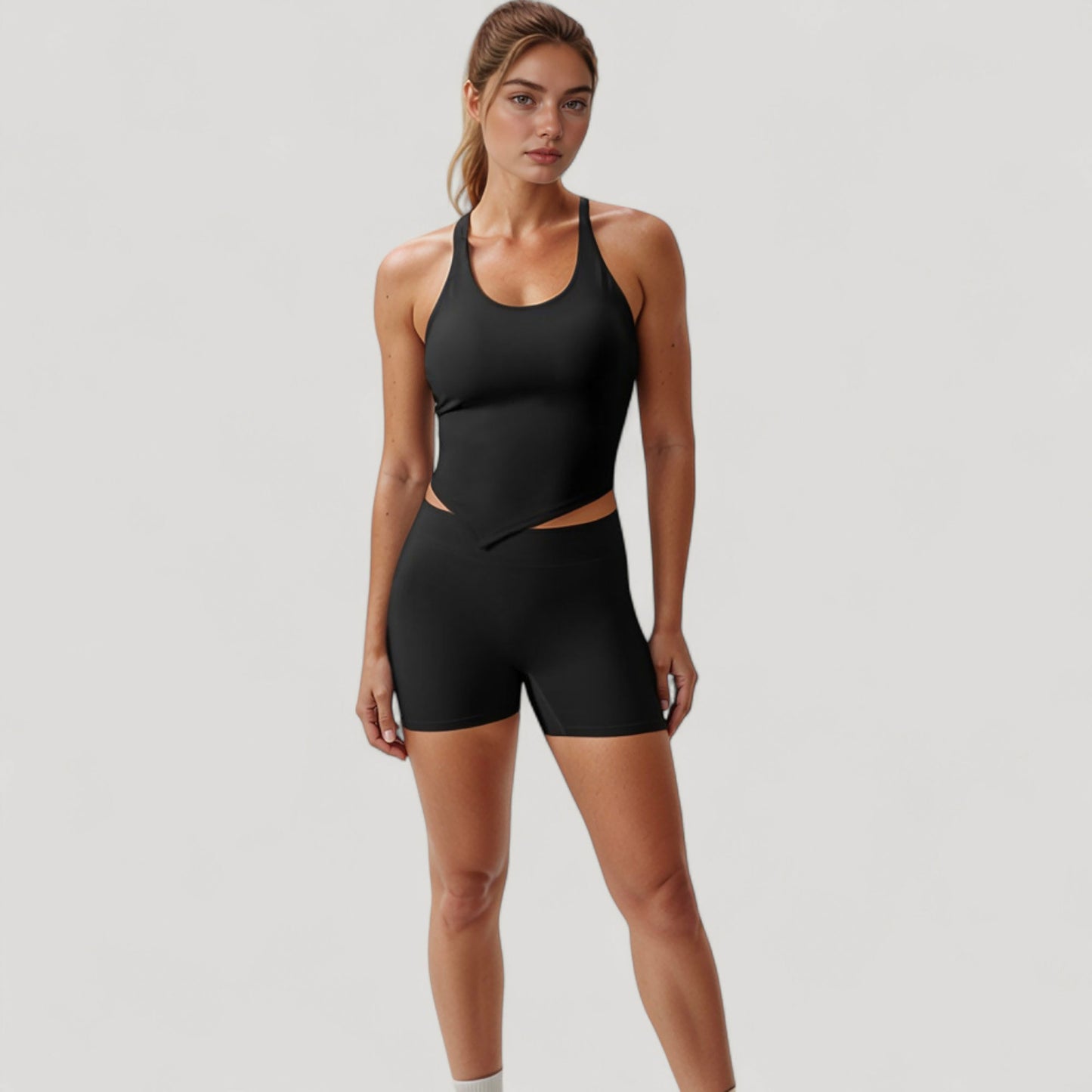 Anna-Kaci Active Women's Scoop Neck Racerback Tank Top with Handkerchief Hem and Built-In Shelf Bra for Low Impact Activity