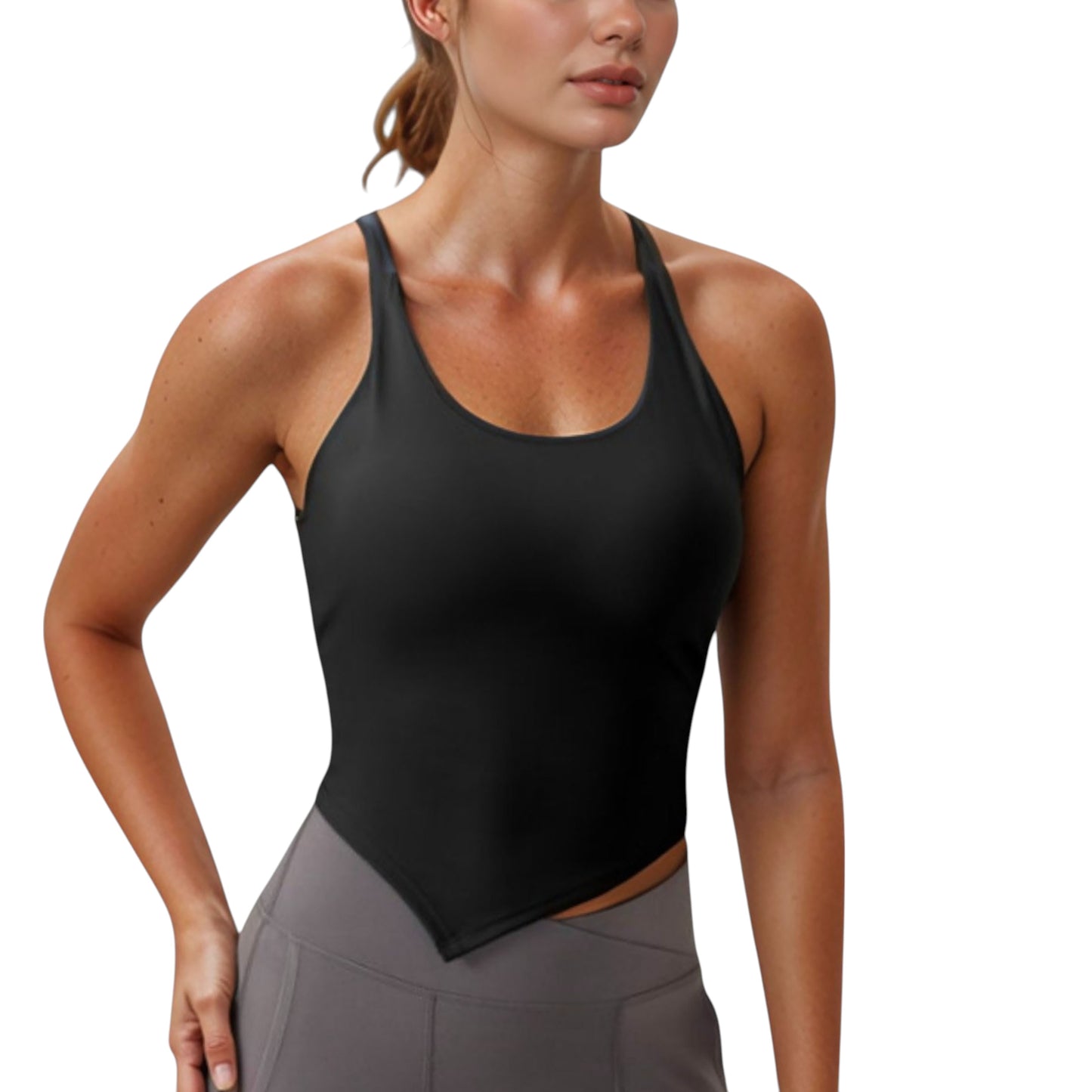 Anna-Kaci Active Women's Scoop Neck Racerback Tank Top with Handkerchief Hem and Built-In Shelf Bra for Low Impact Activity