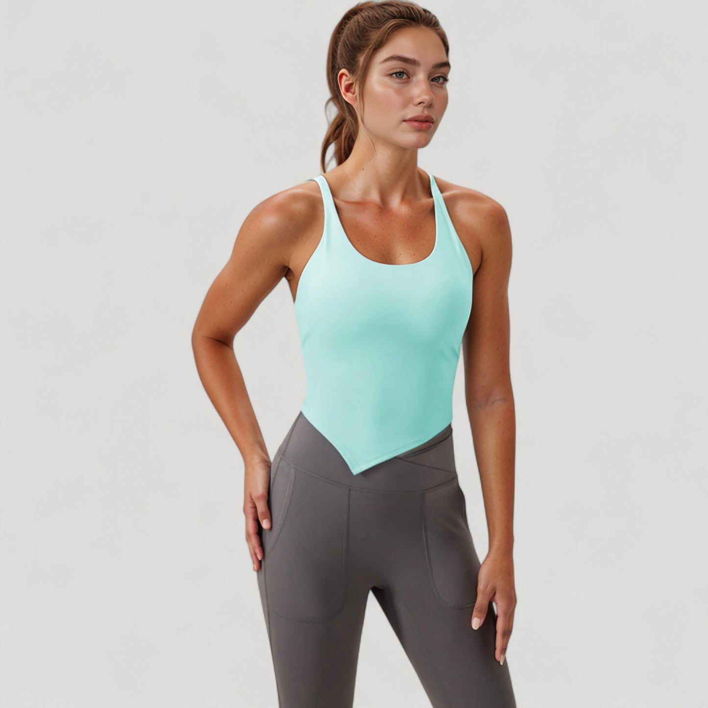 Anna-Kaci Active Women's Scoop Neck Racerback Tank Top with Handkerchief Hem and Built-In Shelf Bra for Low Impact Activity