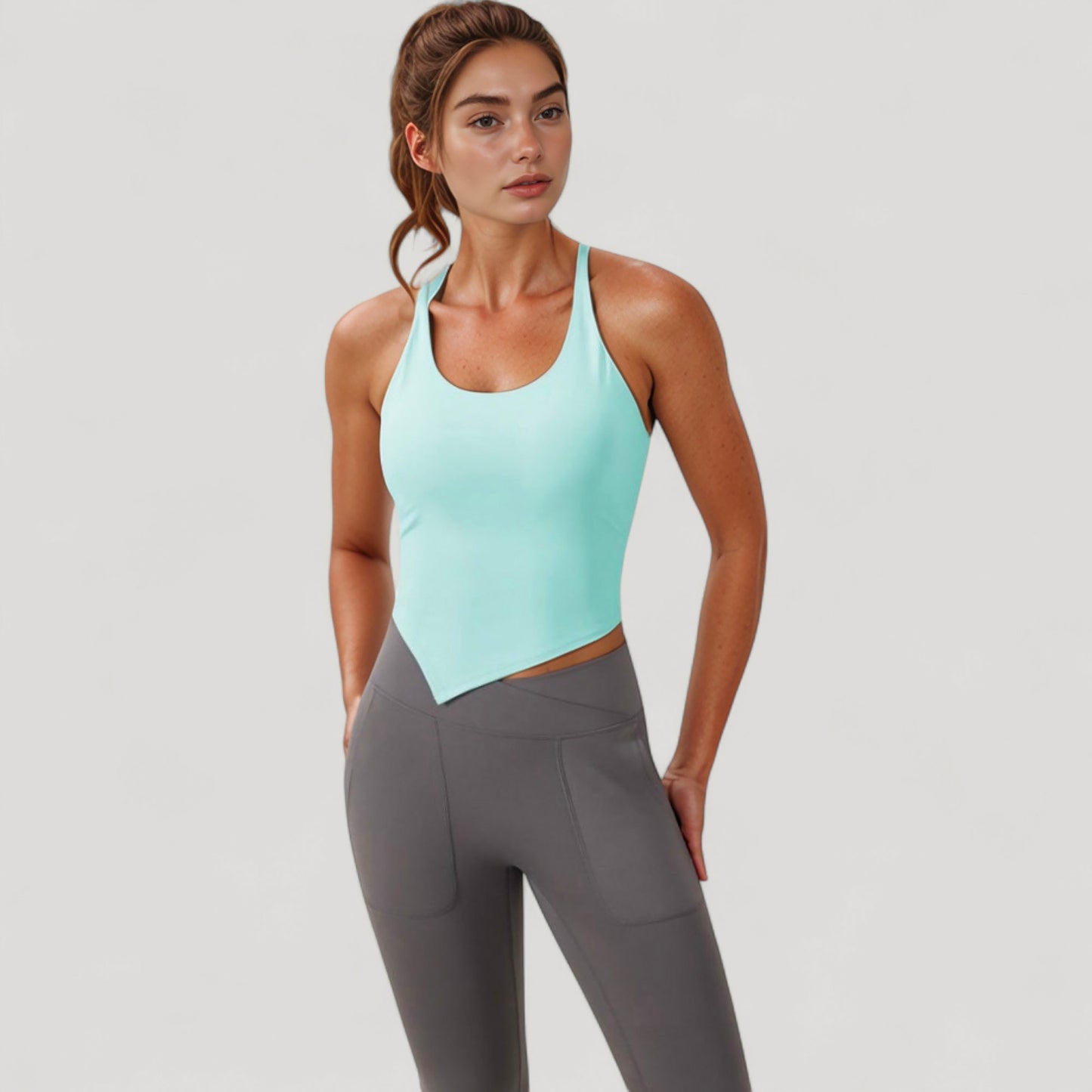 Anna-Kaci Active Women's Scoop Neck Racerback Tank Top with Handkerchief Hem and Built-In Shelf Bra for Low Impact Activity