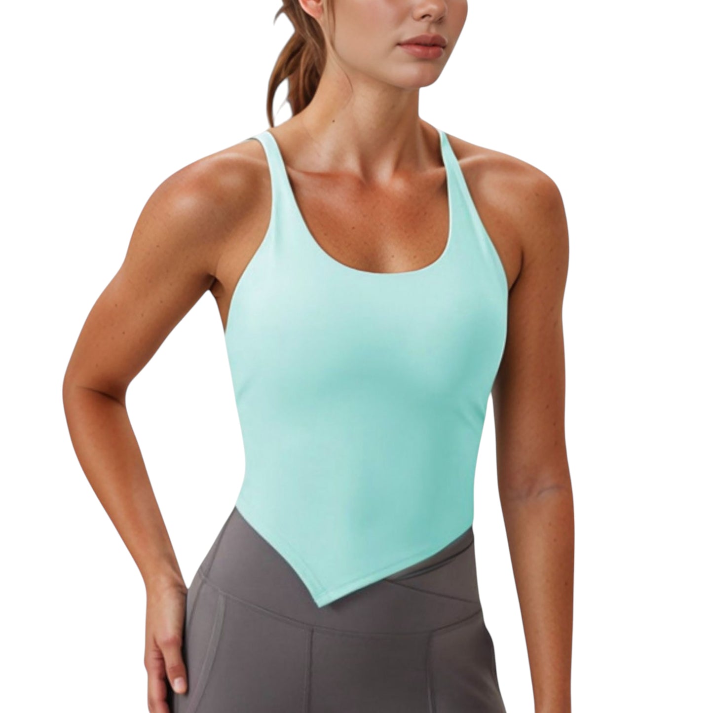 Anna-Kaci Active Women's Scoop Neck Racerback Tank Top with Handkerchief Hem and Built-In Shelf Bra for Low Impact Activity
