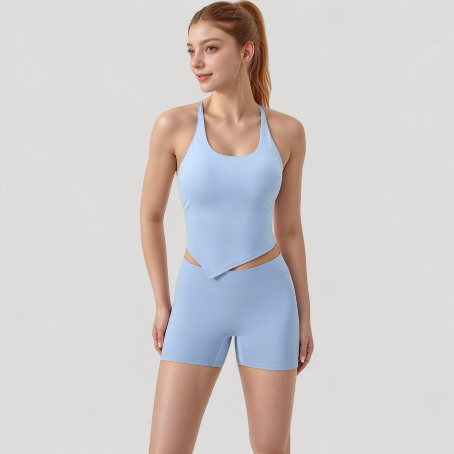 Anna-Kaci Active Women's Scoop Neck Racerback Tank Top with Handkerchief Hem and Built-In Shelf Bra for Low Impact Activity