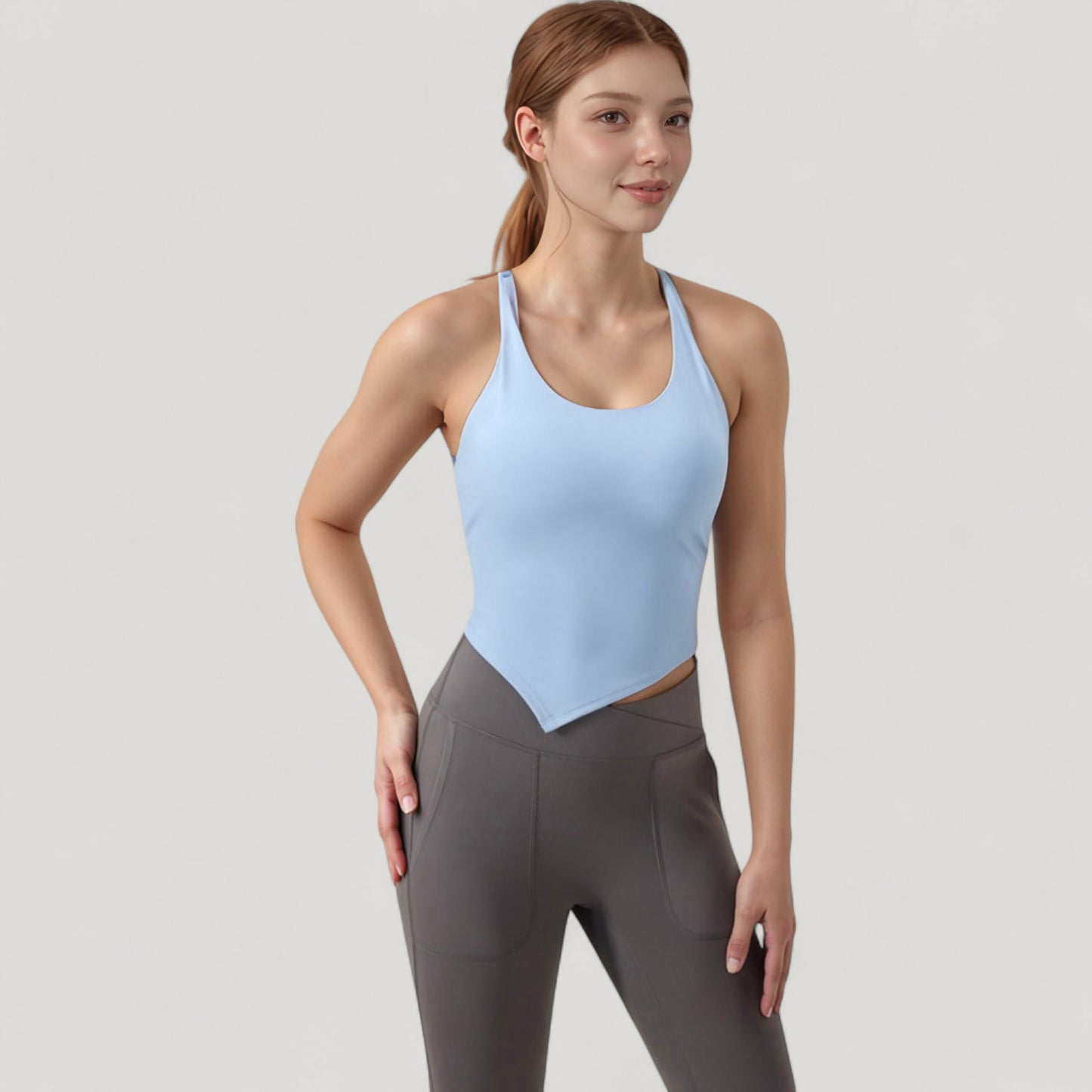 Anna-Kaci Active Women's Scoop Neck Racerback Tank Top with Handkerchief Hem and Built-In Shelf Bra for Low Impact Activity