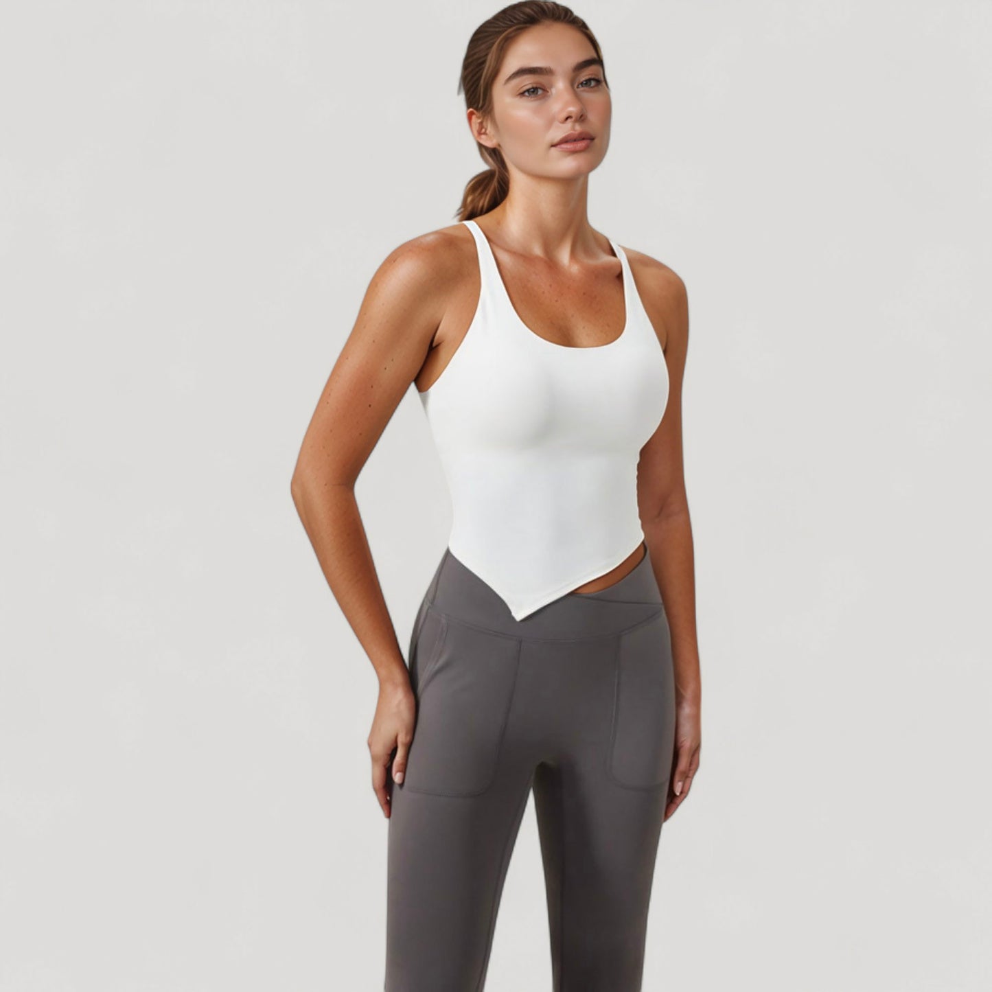 Anna-Kaci Active Women's Scoop Neck Racerback Tank Top with Handkerchief Hem and Built-In Shelf Bra for Low Impact Activity