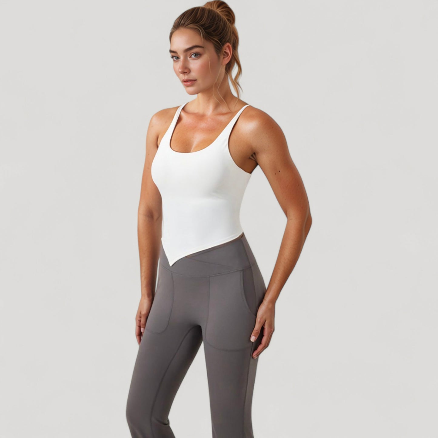 Anna-Kaci Active Women's Scoop Neck Racerback Tank Top with Handkerchief Hem and Built-In Shelf Bra for Low Impact Activity