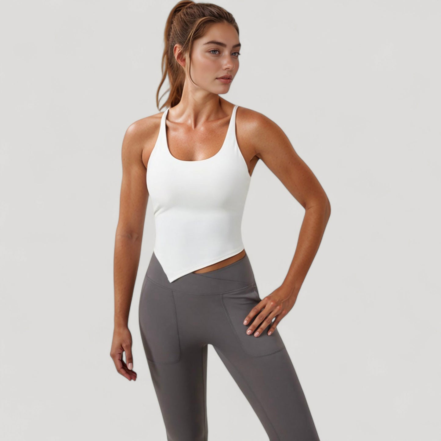 Anna-Kaci Active Women's Scoop Neck Racerback Tank Top with Handkerchief Hem and Built-In Shelf Bra for Low Impact Activity