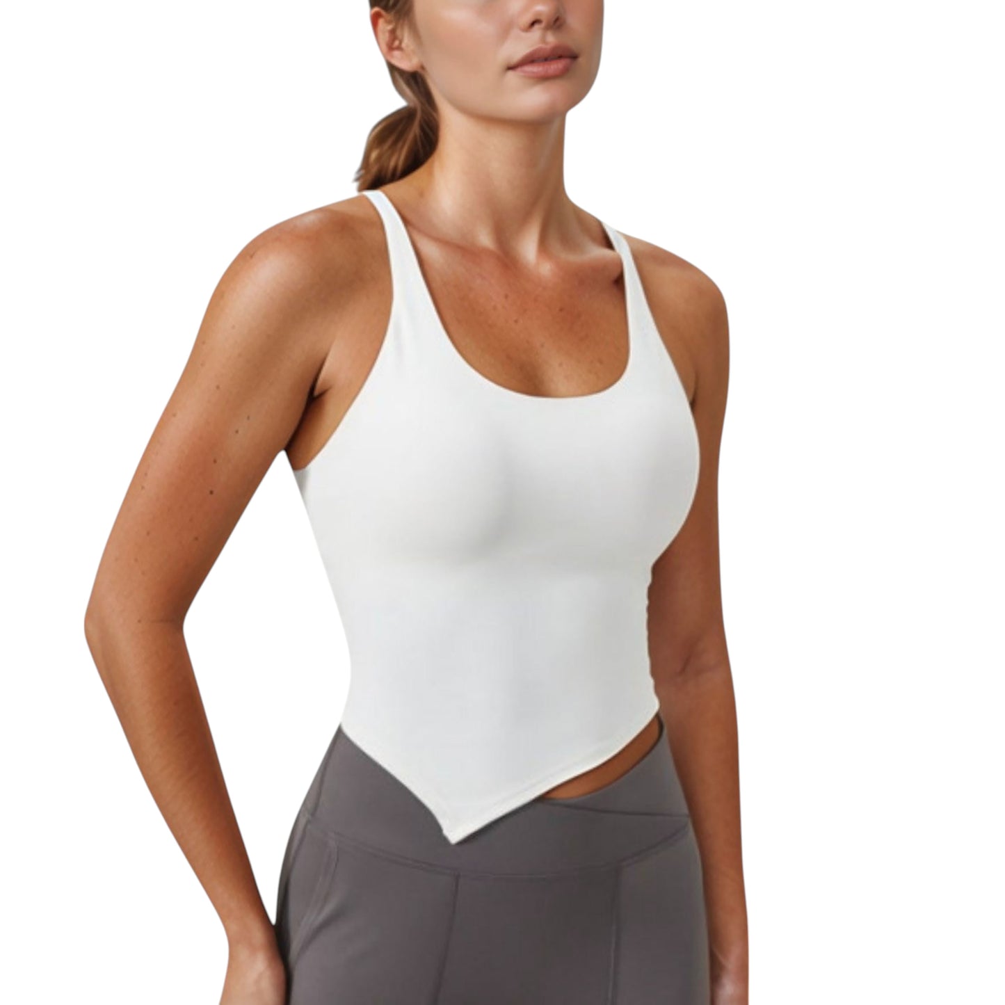 Anna-Kaci Active Women's Scoop Neck Racerback Tank Top with Handkerchief Hem and Built-In Shelf Bra for Low Impact Activity