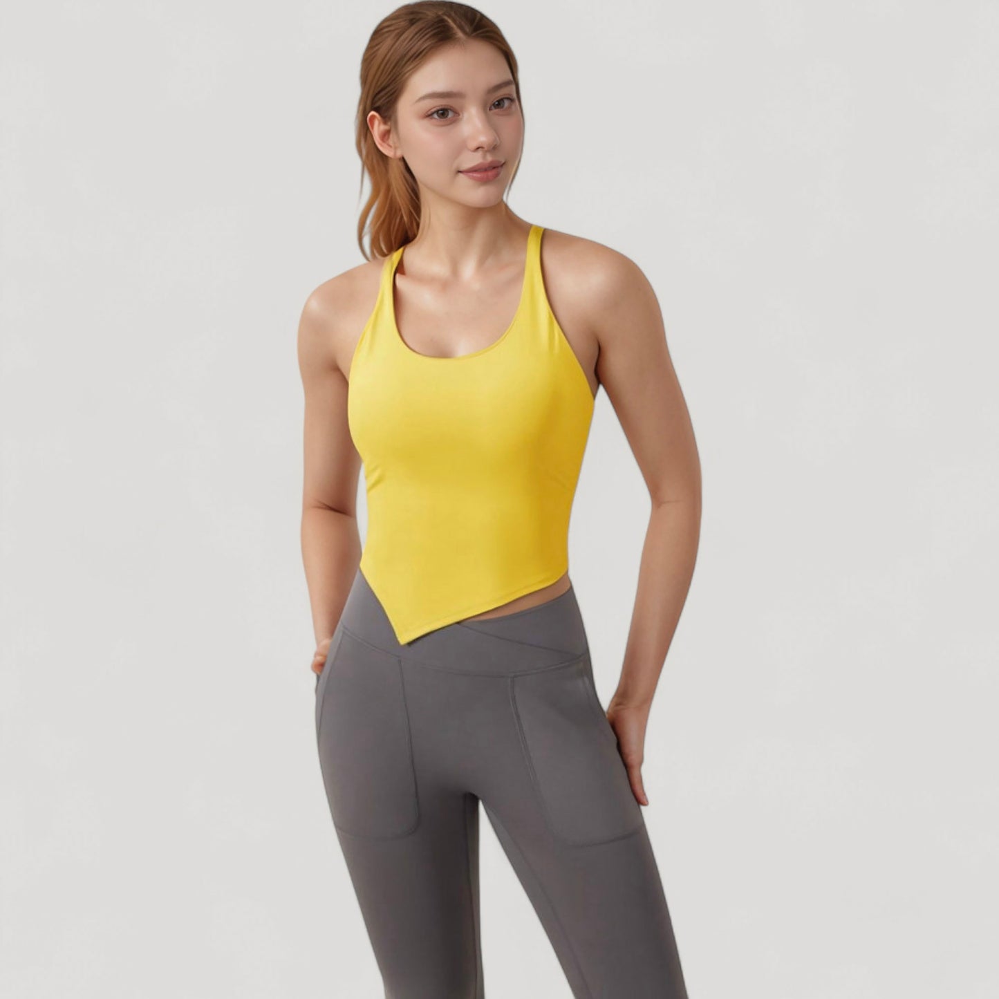 Anna-Kaci Active Women's Scoop Neck Racerback Tank Top with Handkerchief Hem and Built-In Shelf Bra for Low Impact Activity