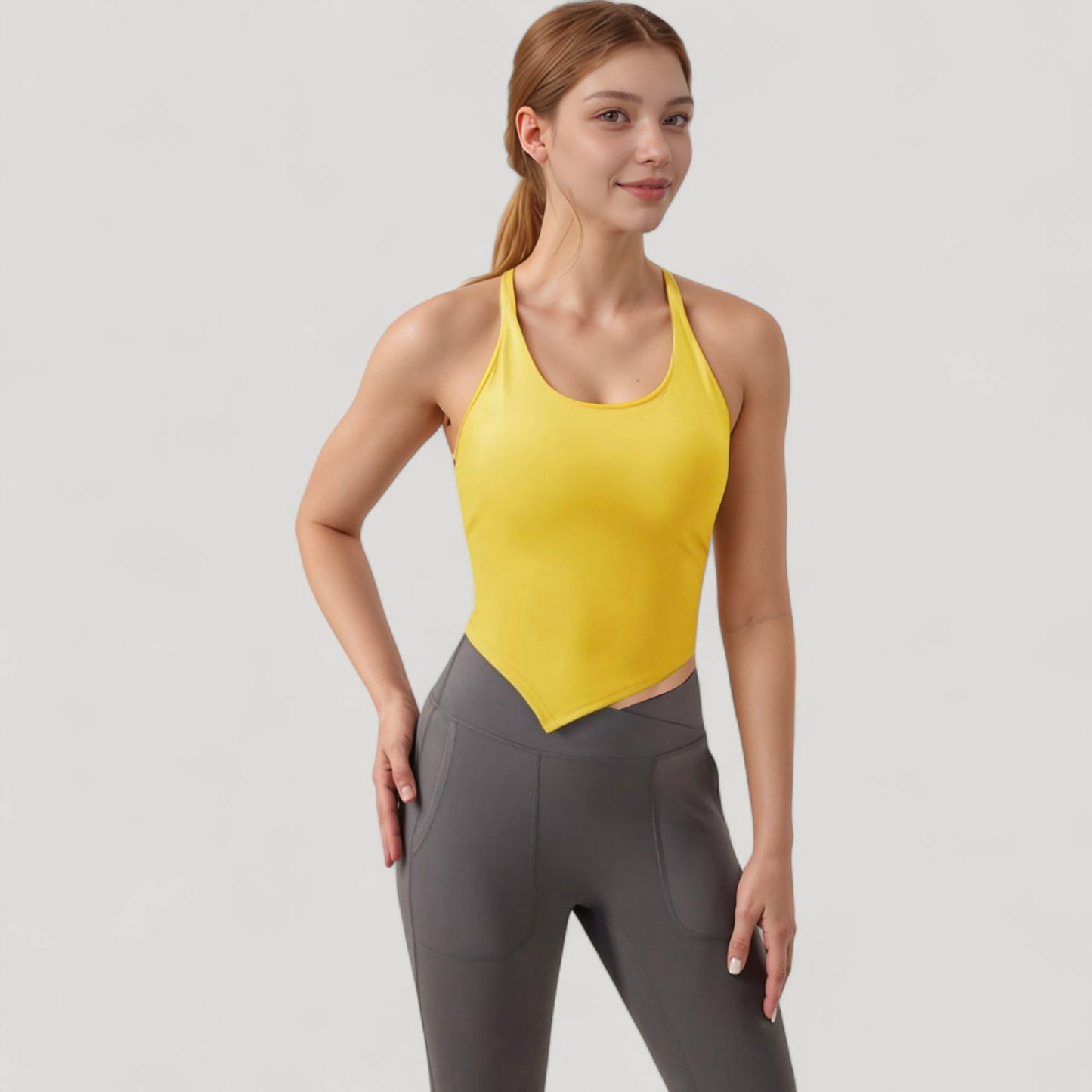 Anna-Kaci Active Women's Scoop Neck Racerback Tank Top with Handkerchief Hem and Built-In Shelf Bra for Low Impact Activity