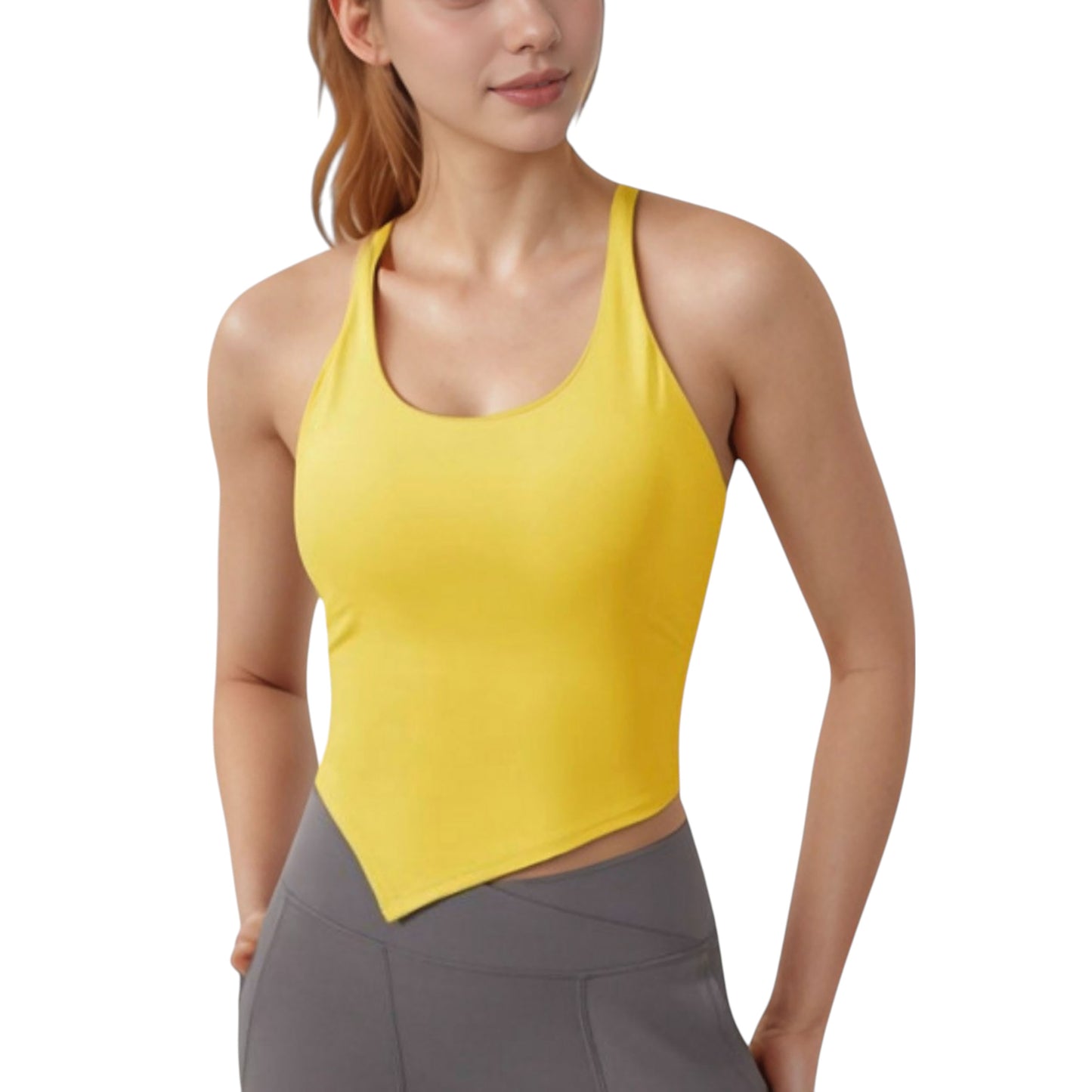Anna-Kaci Active Women's Scoop Neck Racerback Tank Top with Handkerchief Hem and Built-In Shelf Bra for Low Impact Activity