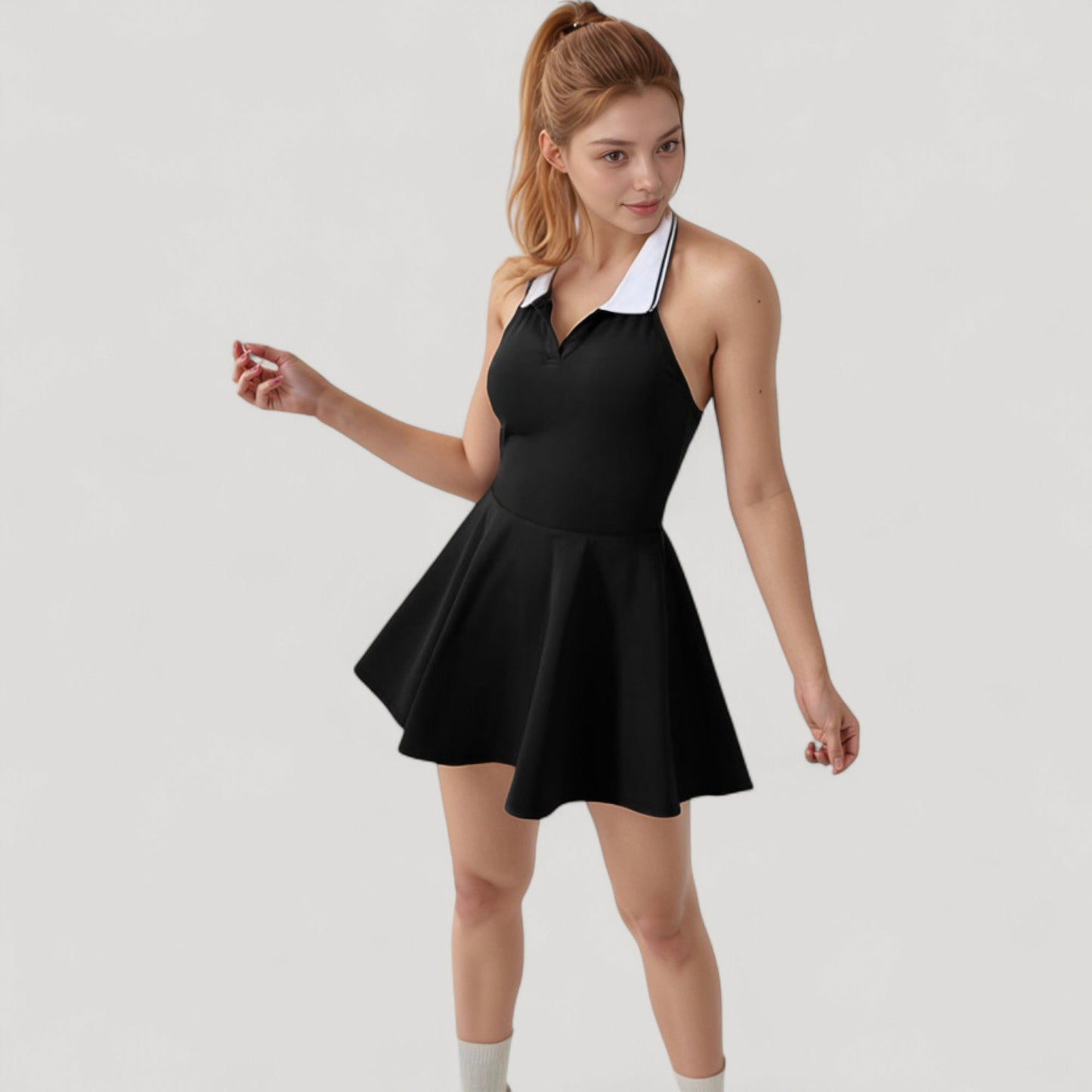 Anna-Kaci Active Women's Sleeveless Tennis Dress with Contrast Polo Collar and Flared Skirt Design