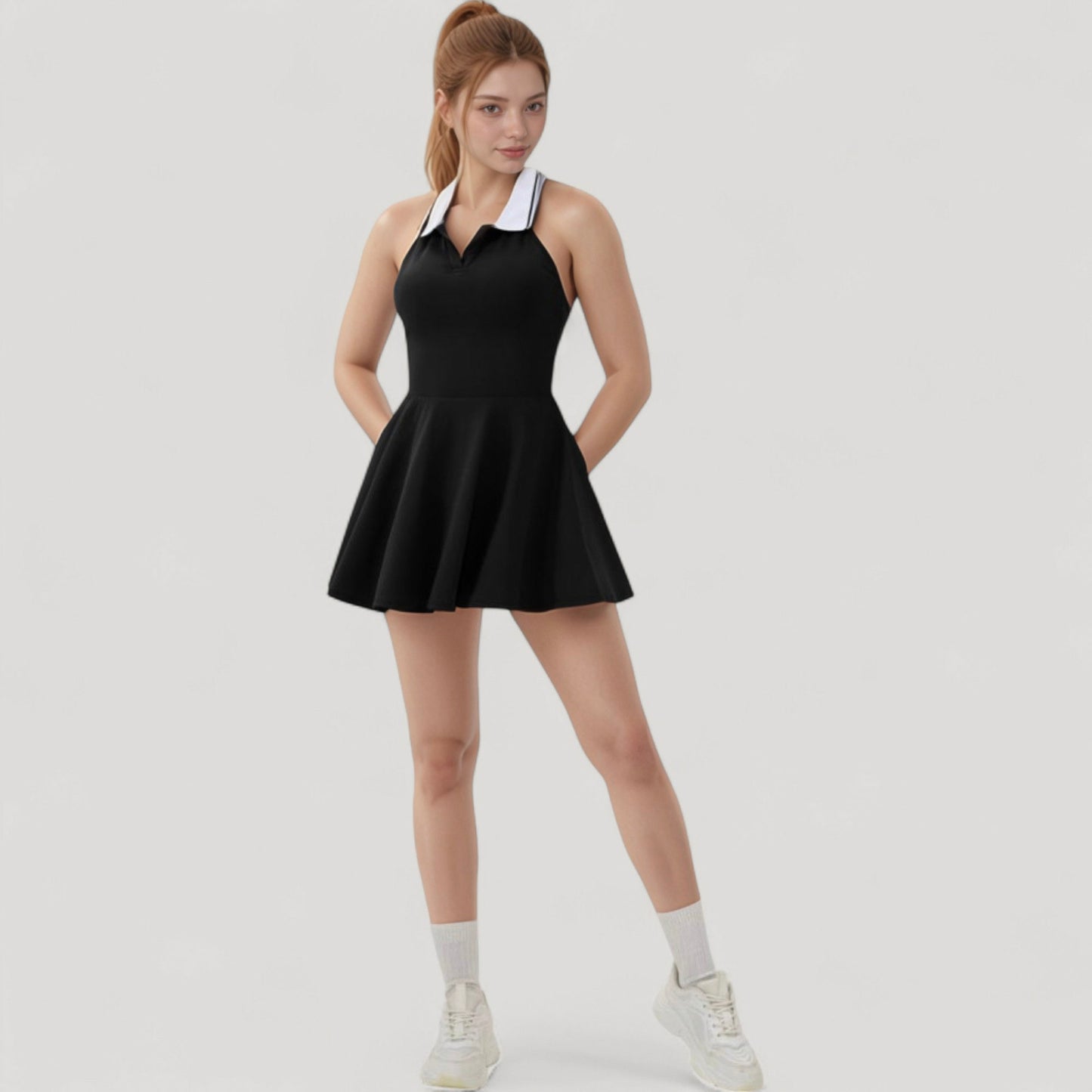 Anna-Kaci Active Women's Sleeveless Tennis Dress with Contrast Polo Collar and Flared Skirt Design