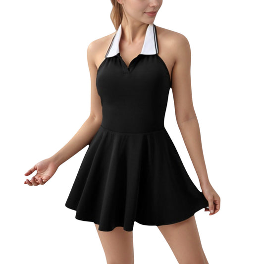 Anna-Kaci Active Women's Sleeveless Tennis Dress with Contrast Polo Collar and Flared Skirt Design