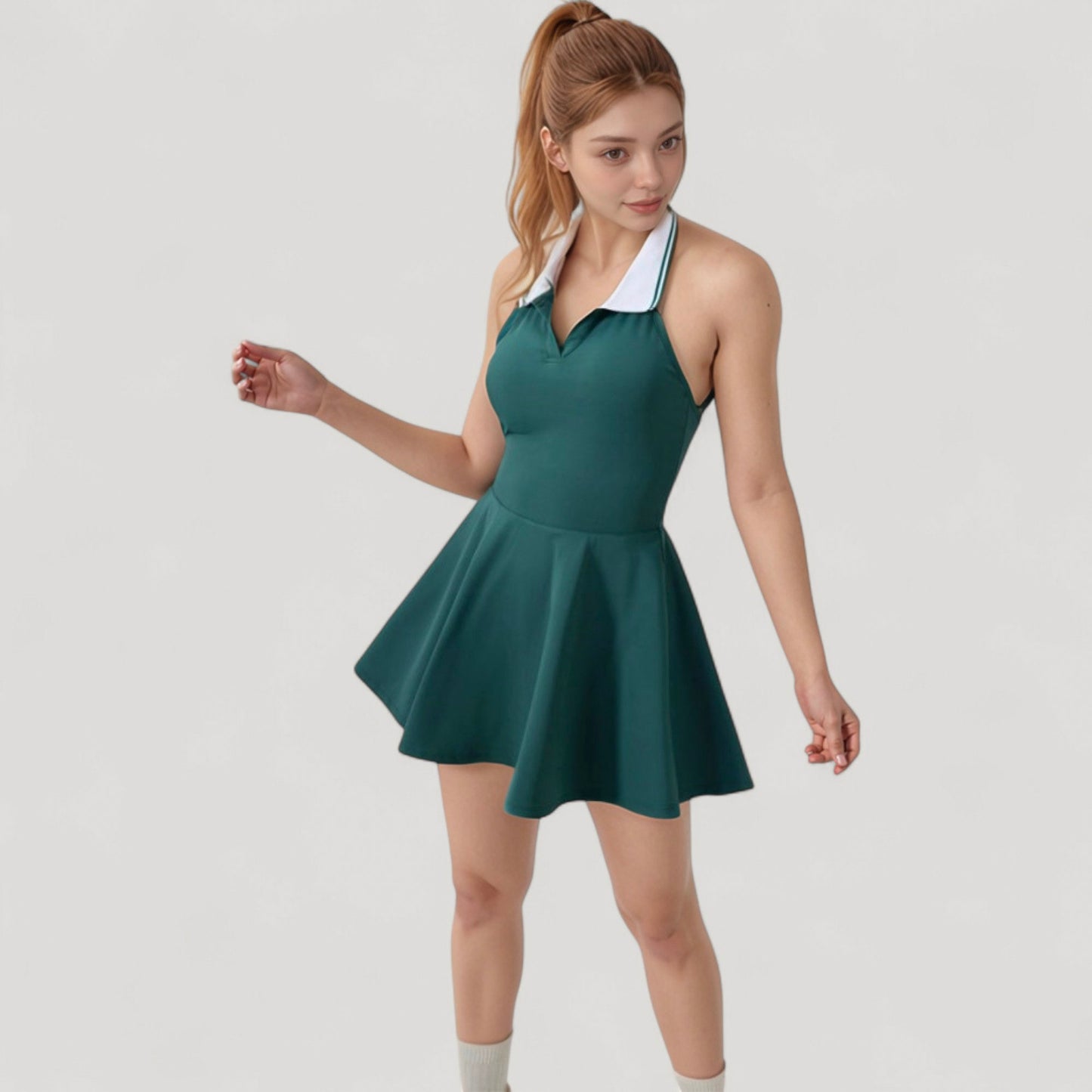 Anna-Kaci Active Women's Sleeveless Tennis Dress with Contrast Polo Collar and Flared Skirt Design