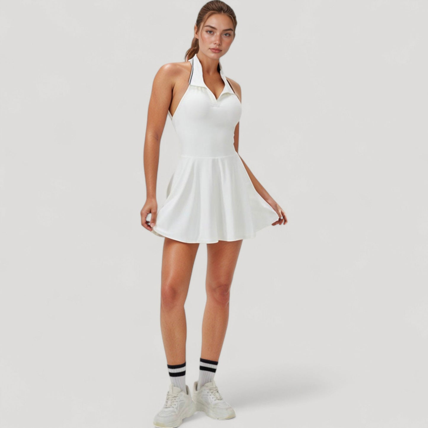 Anna-Kaci Active Women's Sleeveless Tennis Dress with Contrast Polo Collar and Flared Skirt Design