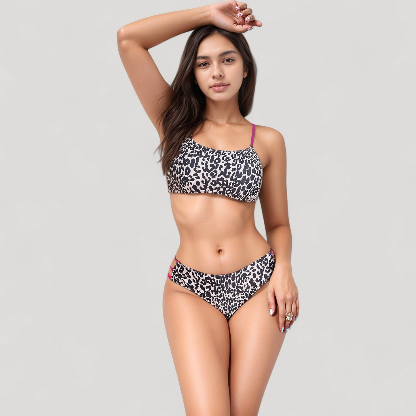 Anna-Kaci Women's Leopard Print Bikini Set with Scoop Neck Top and Cutout Side Bottoms