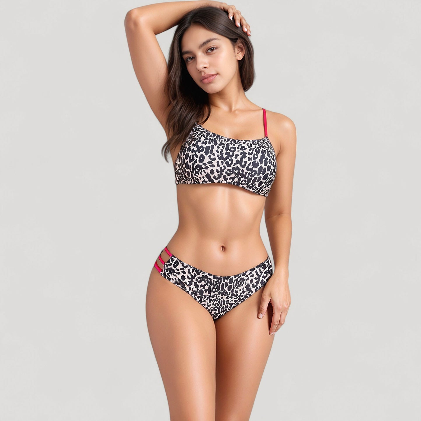 Anna-Kaci Women's Leopard Print Bikini Set with Scoop Neck Top and Cutout Side Bottoms