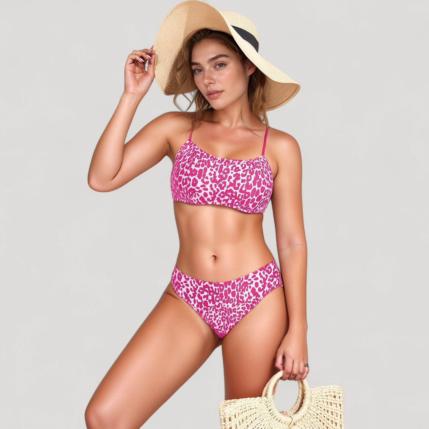 Anna-Kaci Women's Leopard Print Bikini Set with Scoop Neck Top and Cutout Side Bottoms