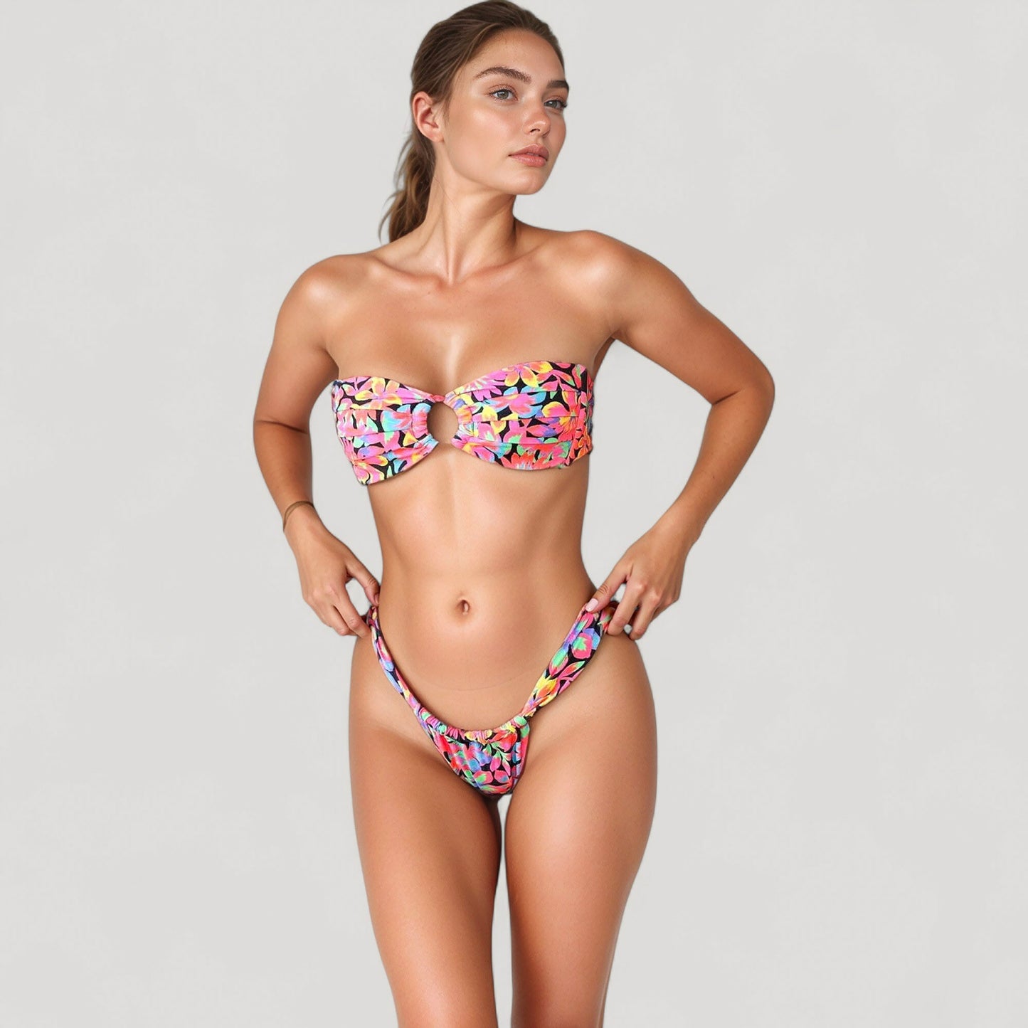 Anna-Kaci Women's Bandeau Bikini Set with Keyhole Front and High Leg Bottoms in Checkered Texture Fabric