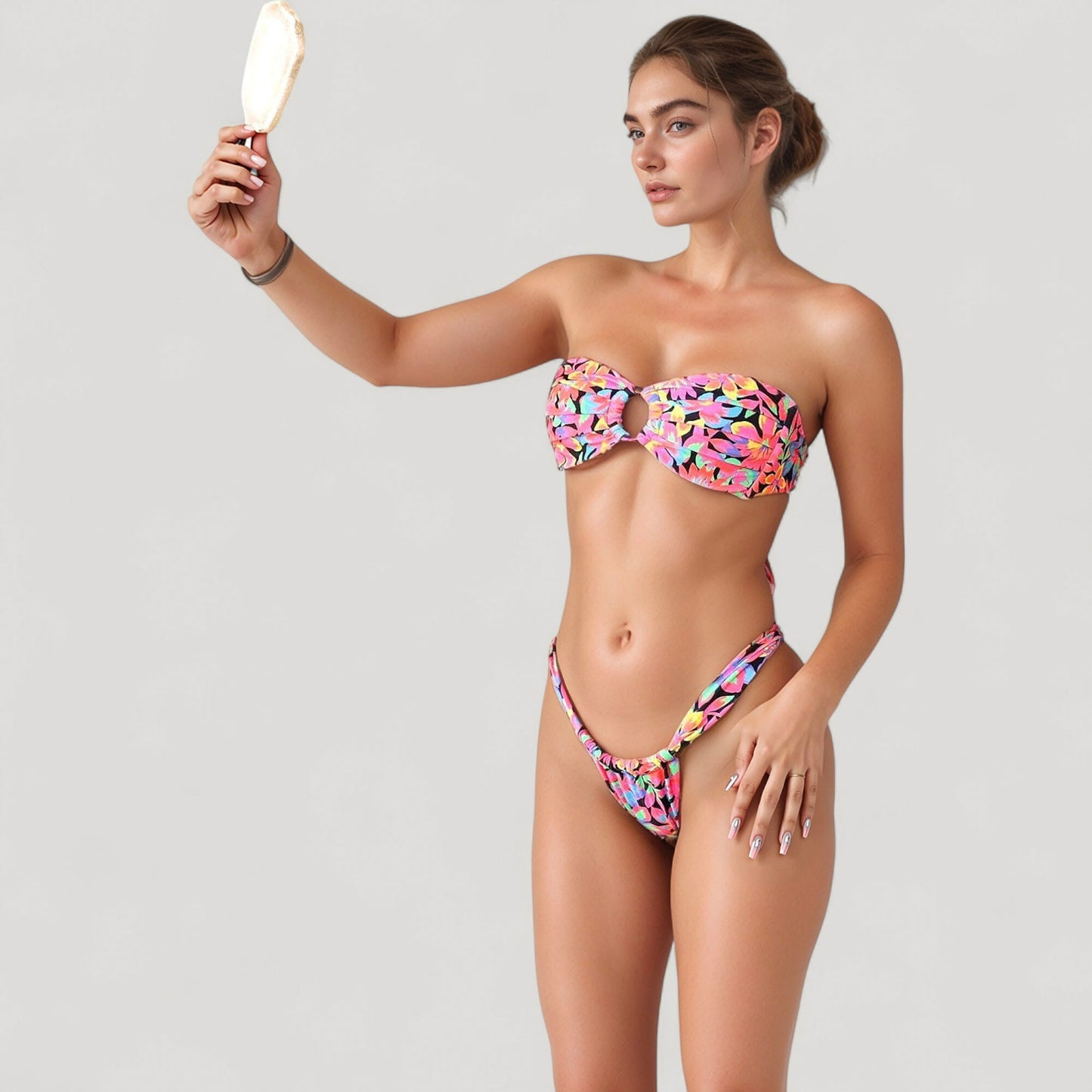 Anna-Kaci Women's Bandeau Bikini Set with Keyhole Front and High Leg Bottoms in Checkered Texture Fabric