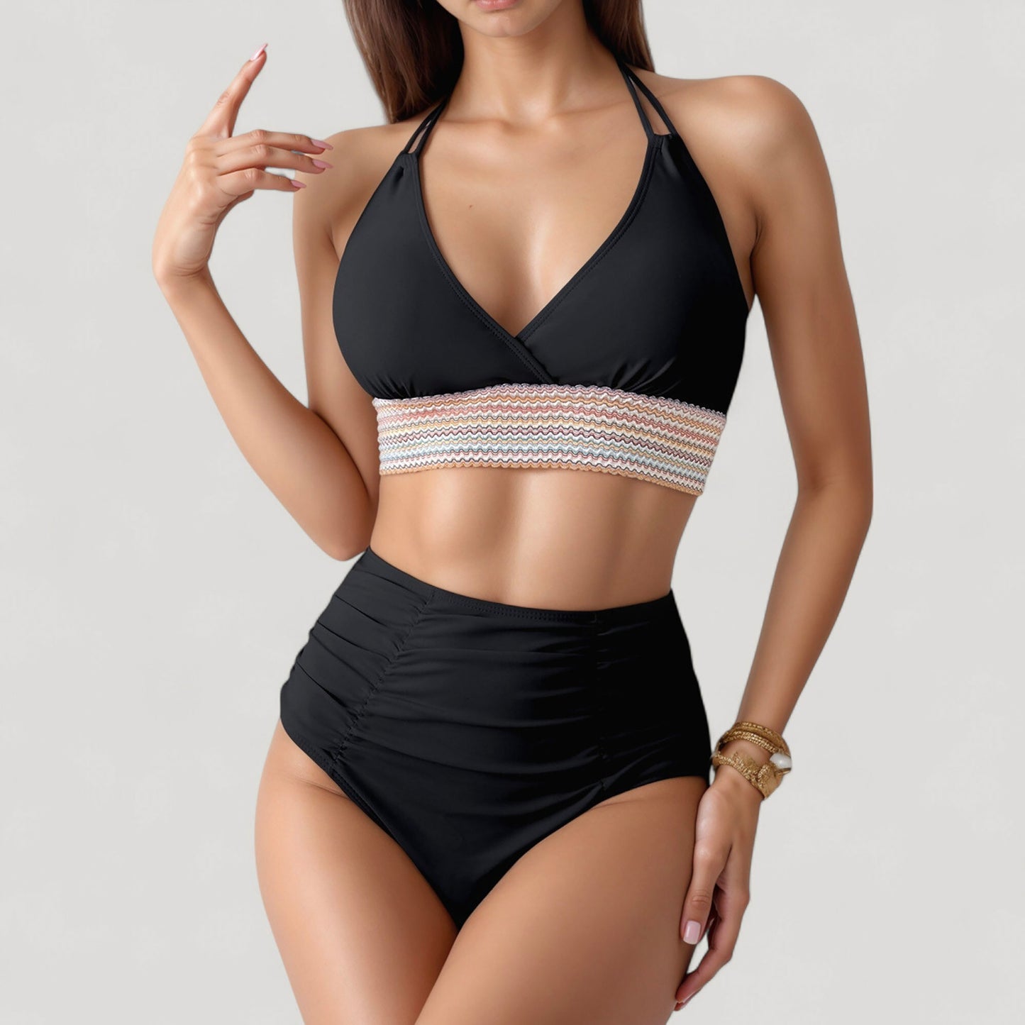Anna-Kaci Women's High Waist Bikini Set with Crochet Waistband and Halter V Neck Top