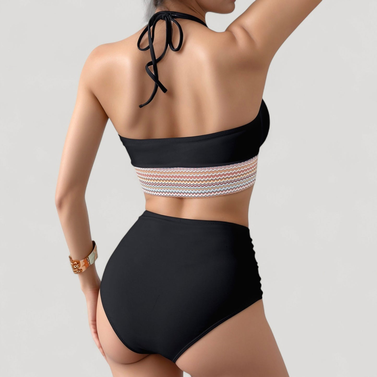 Anna-Kaci Women's High Waist Bikini Set with Crochet Waistband and Halter V Neck Top