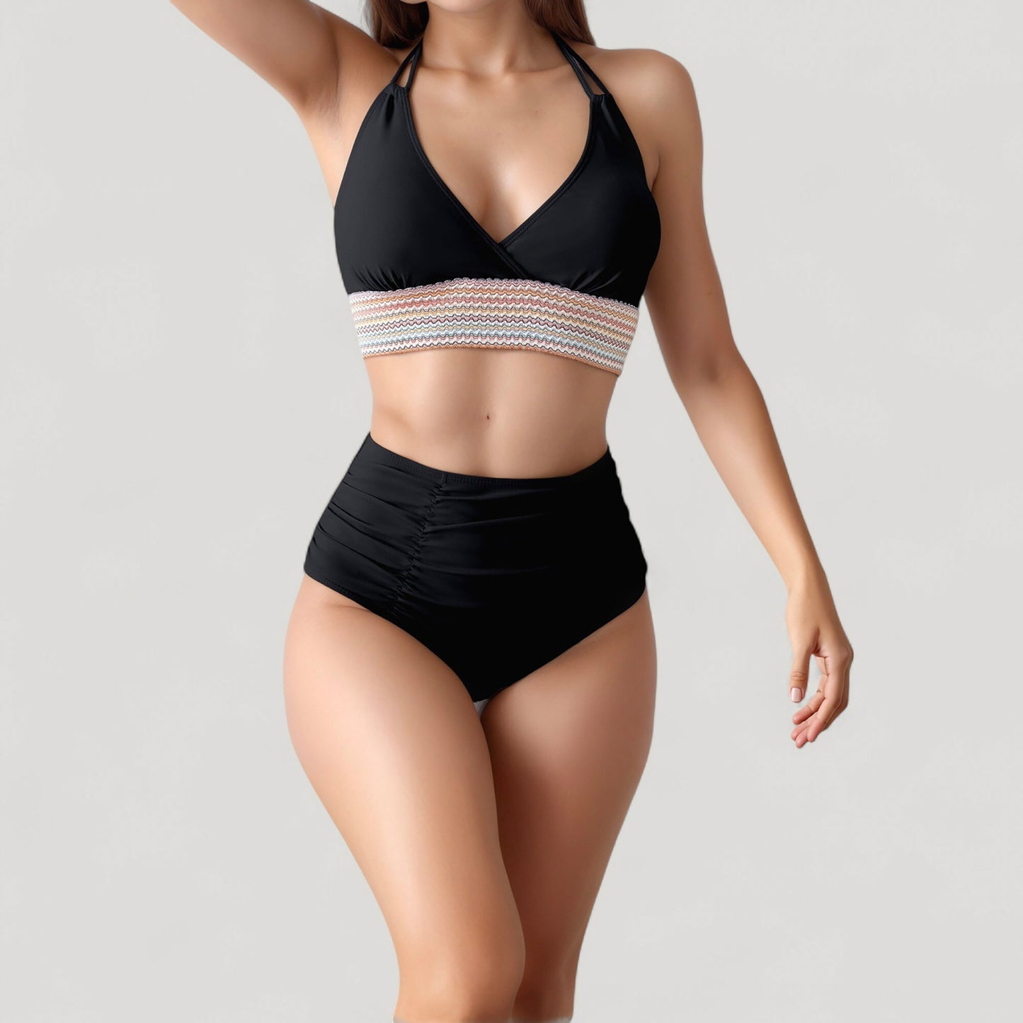 Anna-Kaci Women's High Waist Bikini Set with Crochet Waistband and Halter V Neck Top