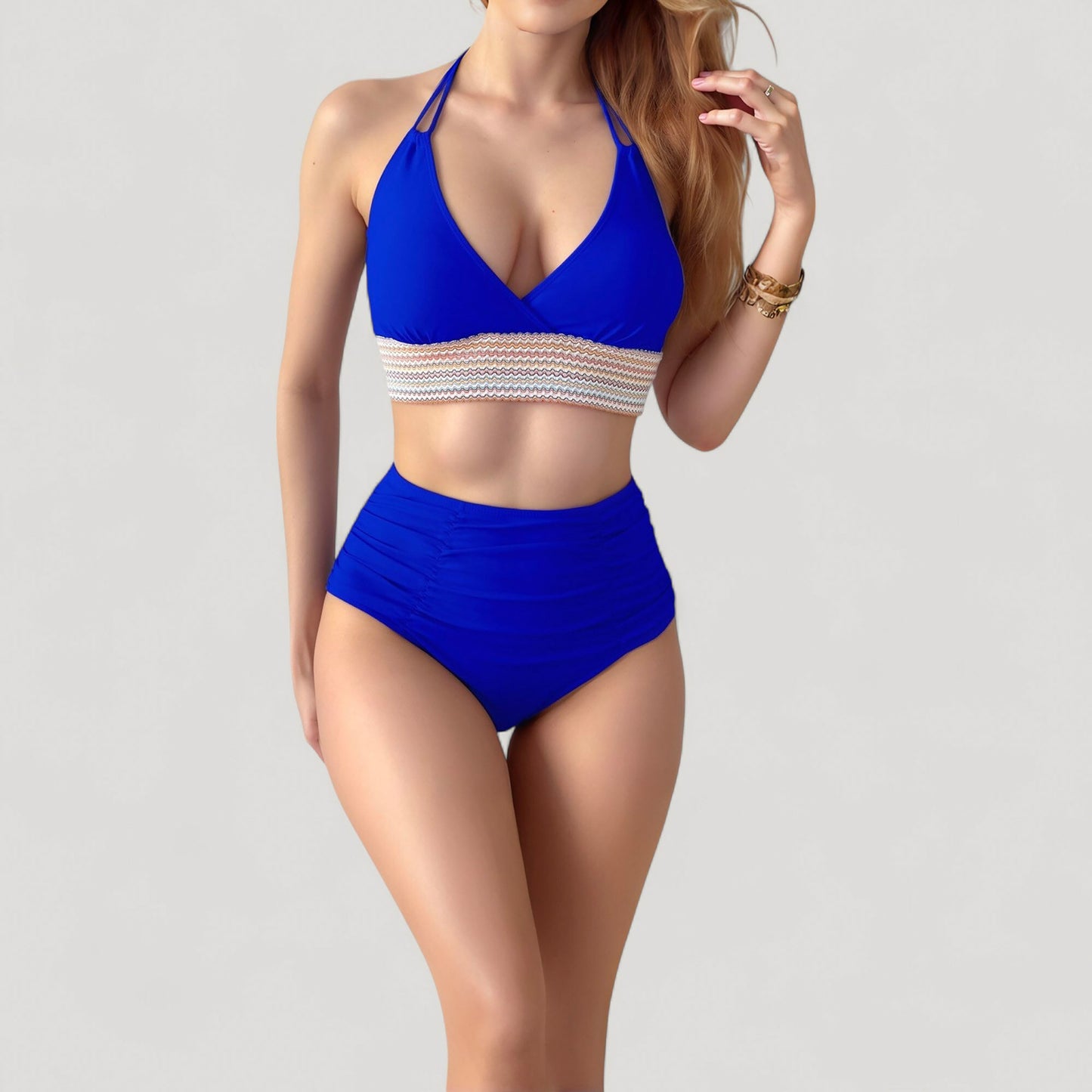Anna-Kaci Women's High Waist Bikini Set with Crochet Waistband and Halter V Neck Top
