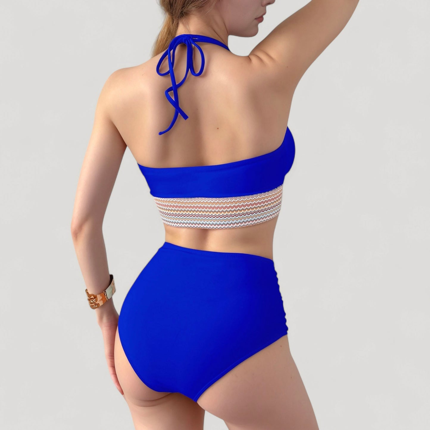 Anna-Kaci Women's High Waist Bikini Set with Crochet Waistband and Halter V Neck Top