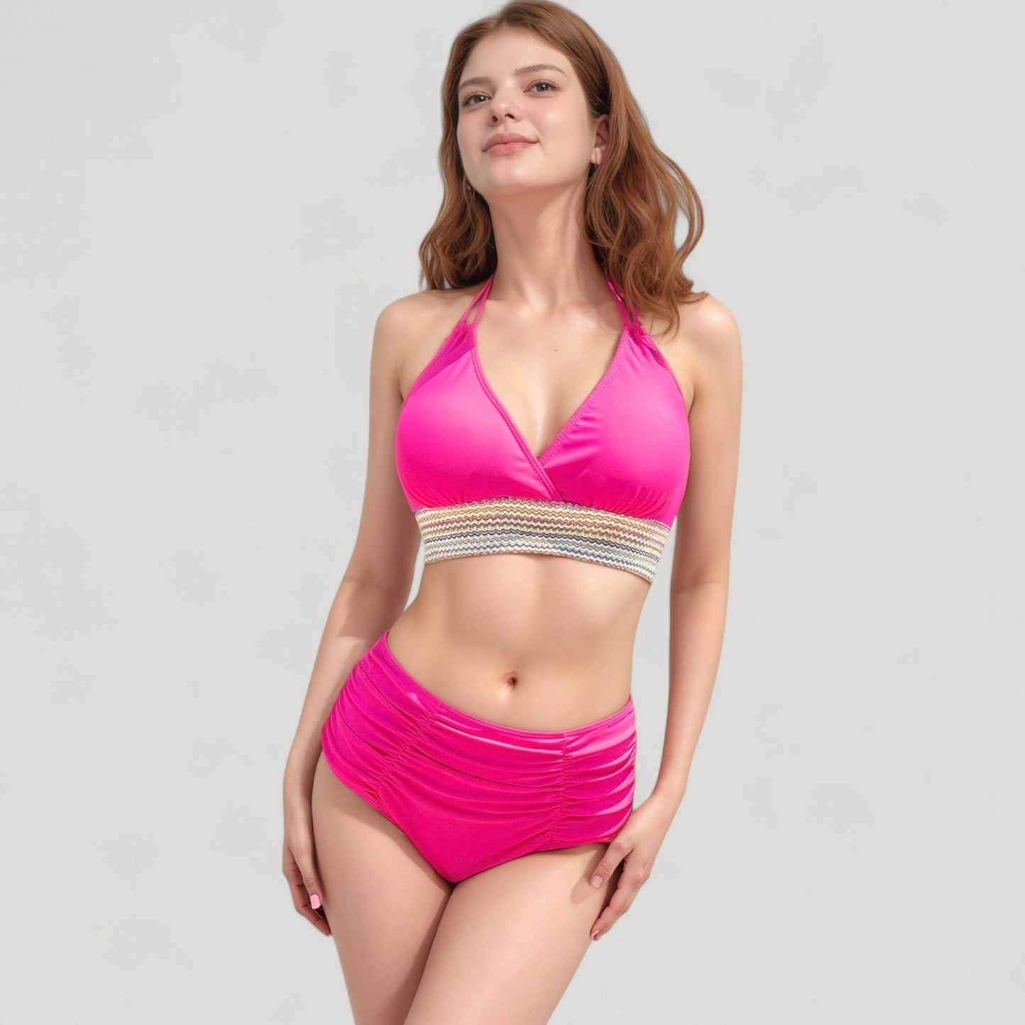 Anna-Kaci Women's High Waist Bikini Set with Crochet Waistband and Halter V Neck Top