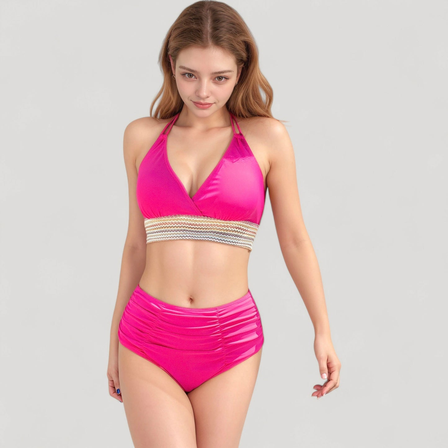 Anna-Kaci Women's High Waist Bikini Set with Crochet Waistband and Halter V Neck Top