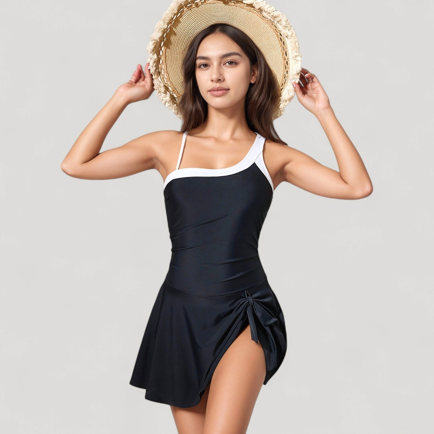 Anna-Kaci Women's One Shoulder Swim Dress with Contrast Trim and Side Tie Detail