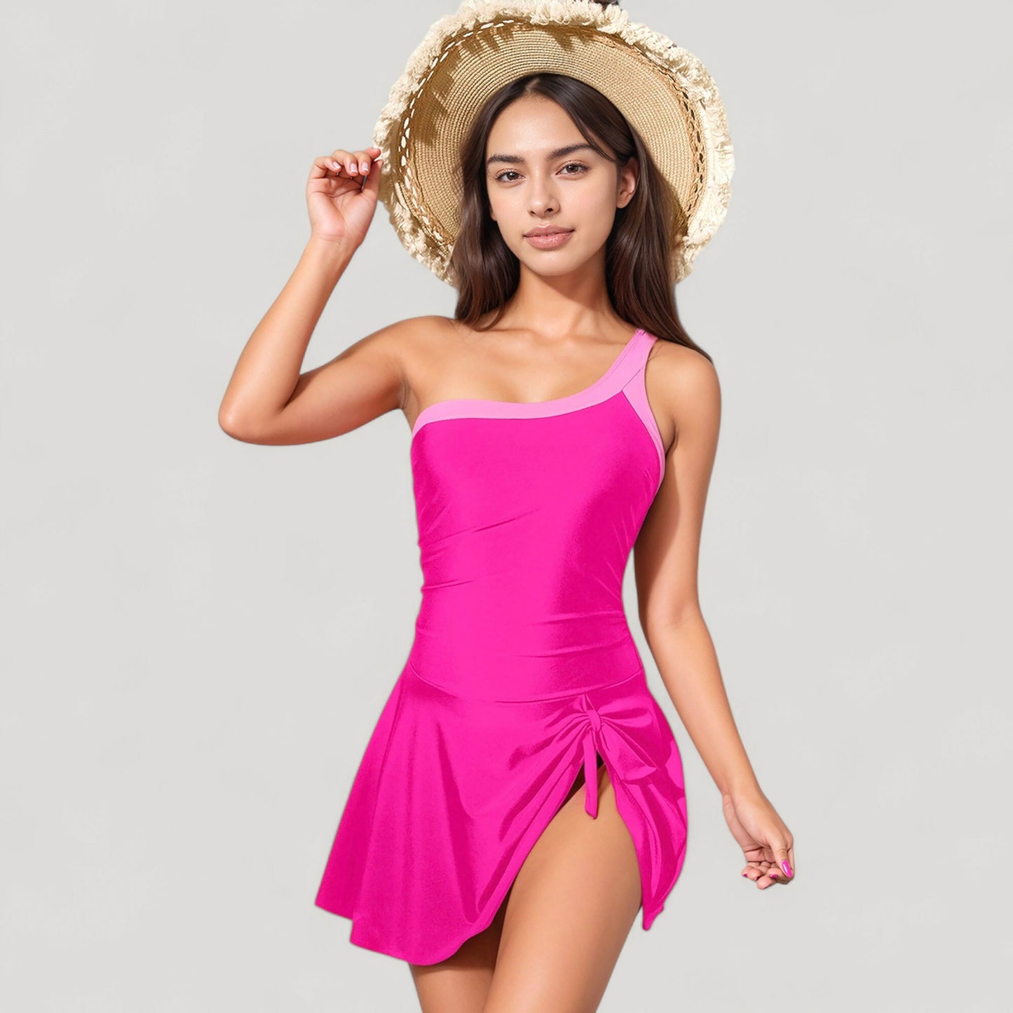 Anna-Kaci Women's One Shoulder Swim Dress with Contrast Trim and Side Tie Detail