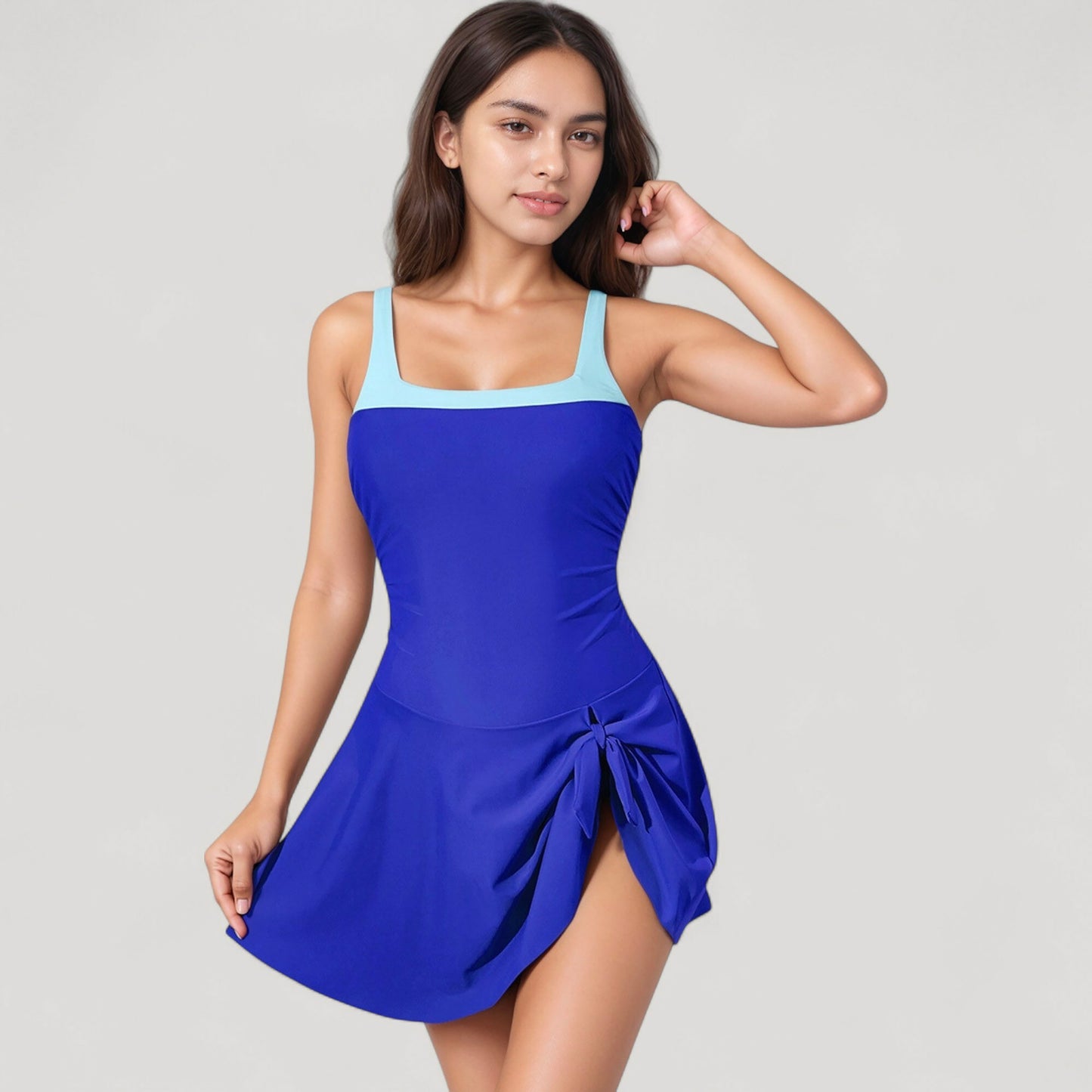 Anna-Kaci Women's Square Neck Swim Dress with Contrast Trim and Side Bow Skirt Overlay