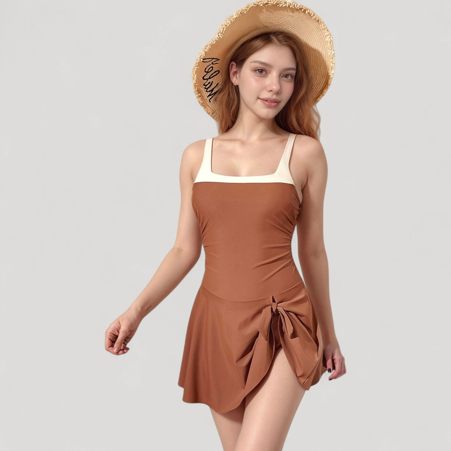 Anna-Kaci Women's Square Neck Swim Dress with Contrast Trim and Side Bow Skirt Overlay